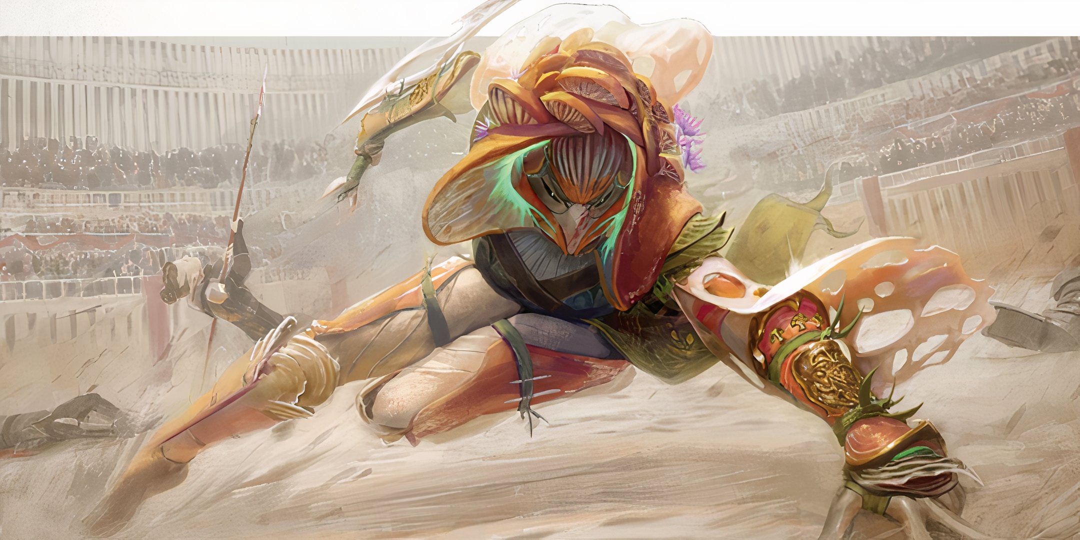 A fungril warrior fighting in a stadium in Daggerheart. 
