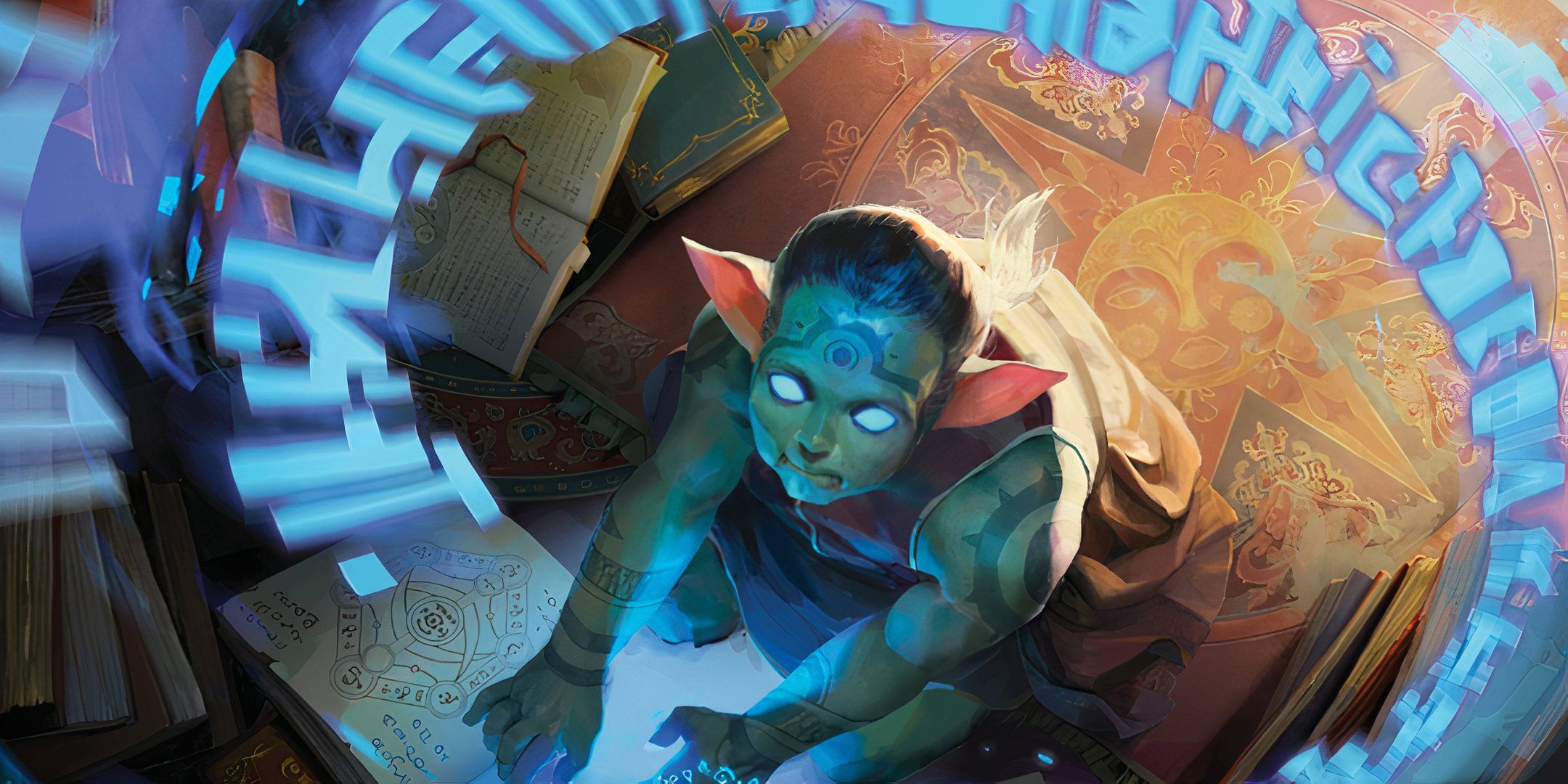 A magical goblin casting a spell with glowing blue eyes in Daggerheart.