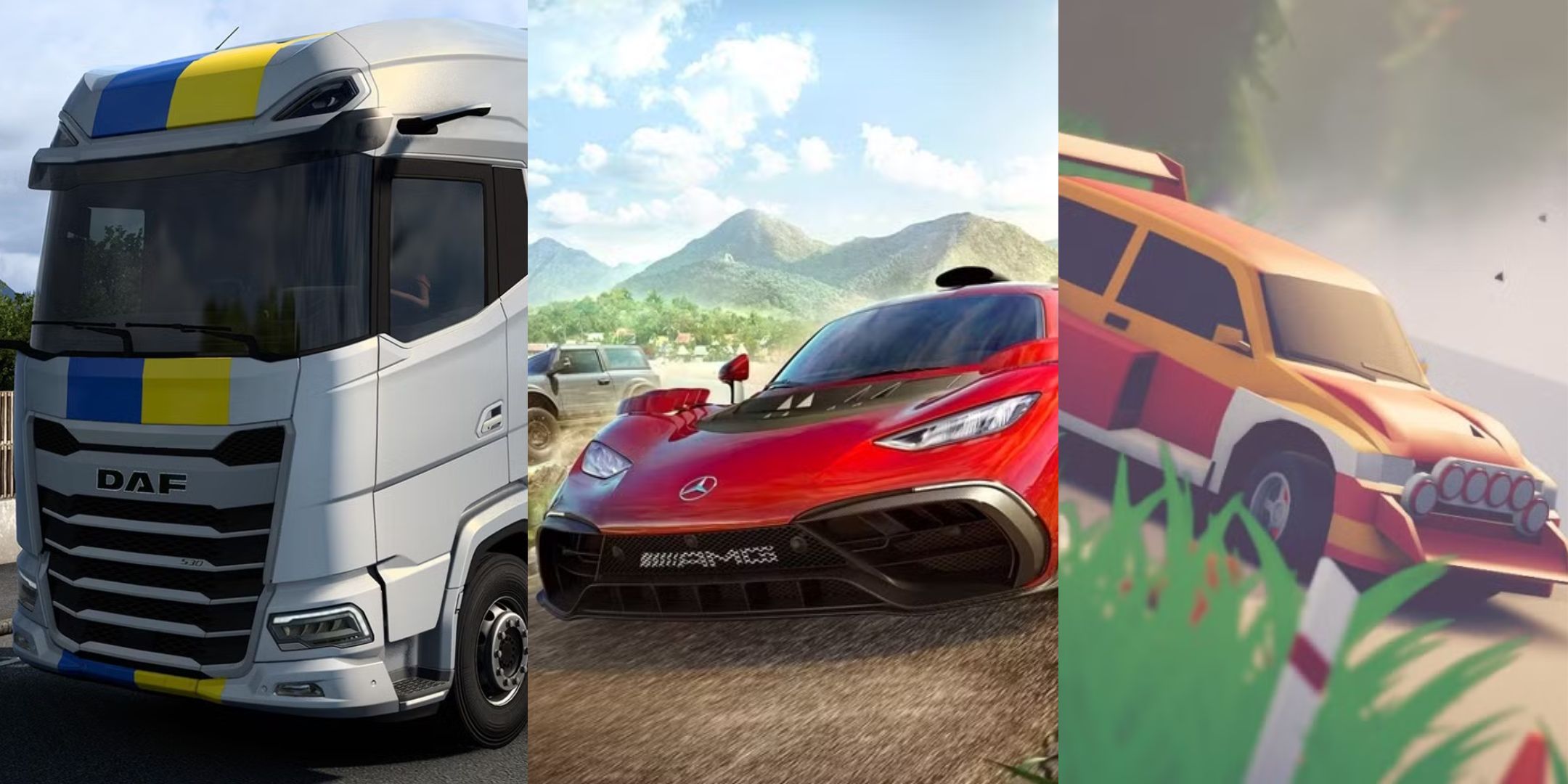 Euro Truck Simulator 2, Forza Horizon 5, and Art Of Rally in an image collage.