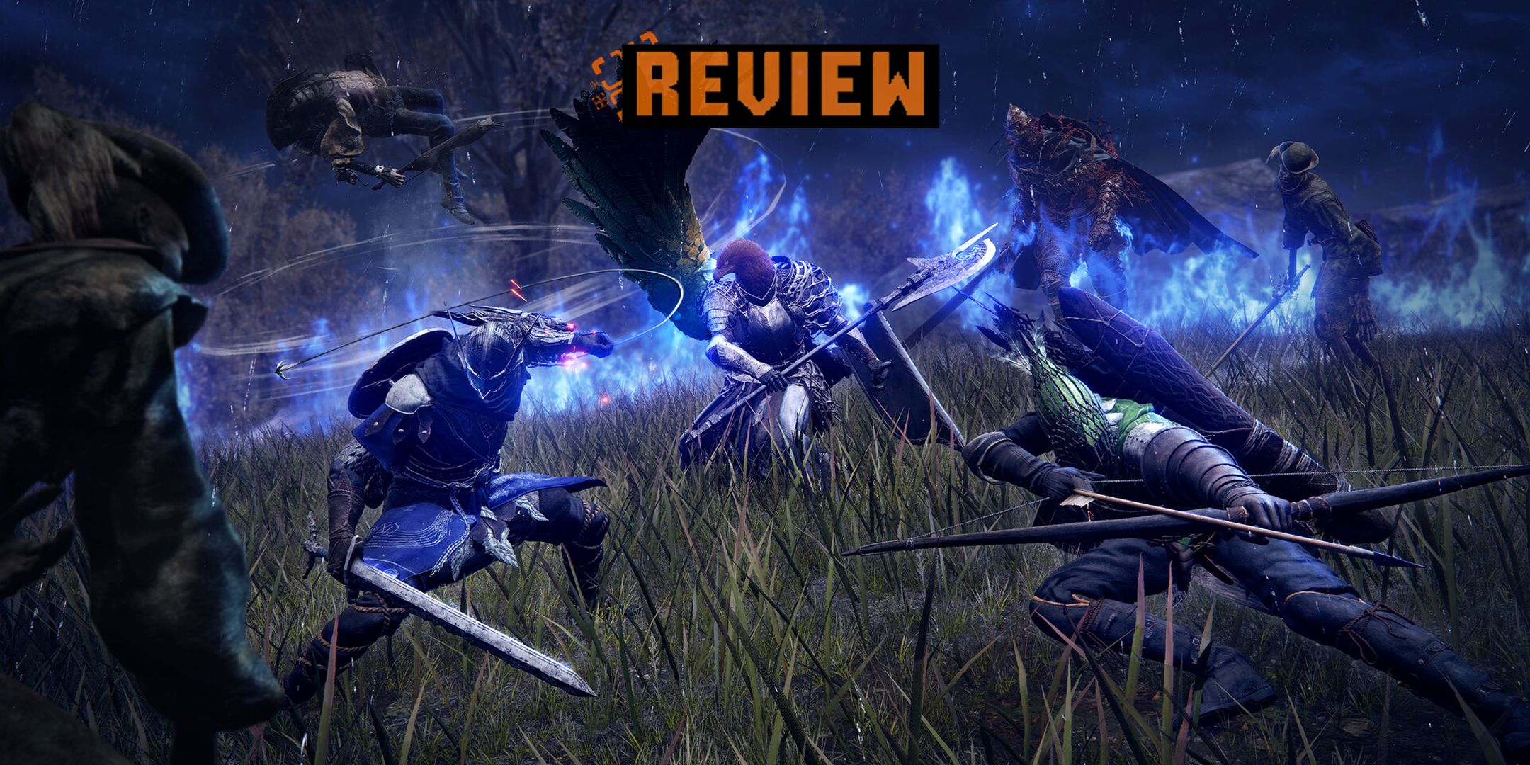 Elden Ring Nightreign trio standing together while they fight enemies and the Bell Bearing Hunter back against the storm. Word review is placed on top.