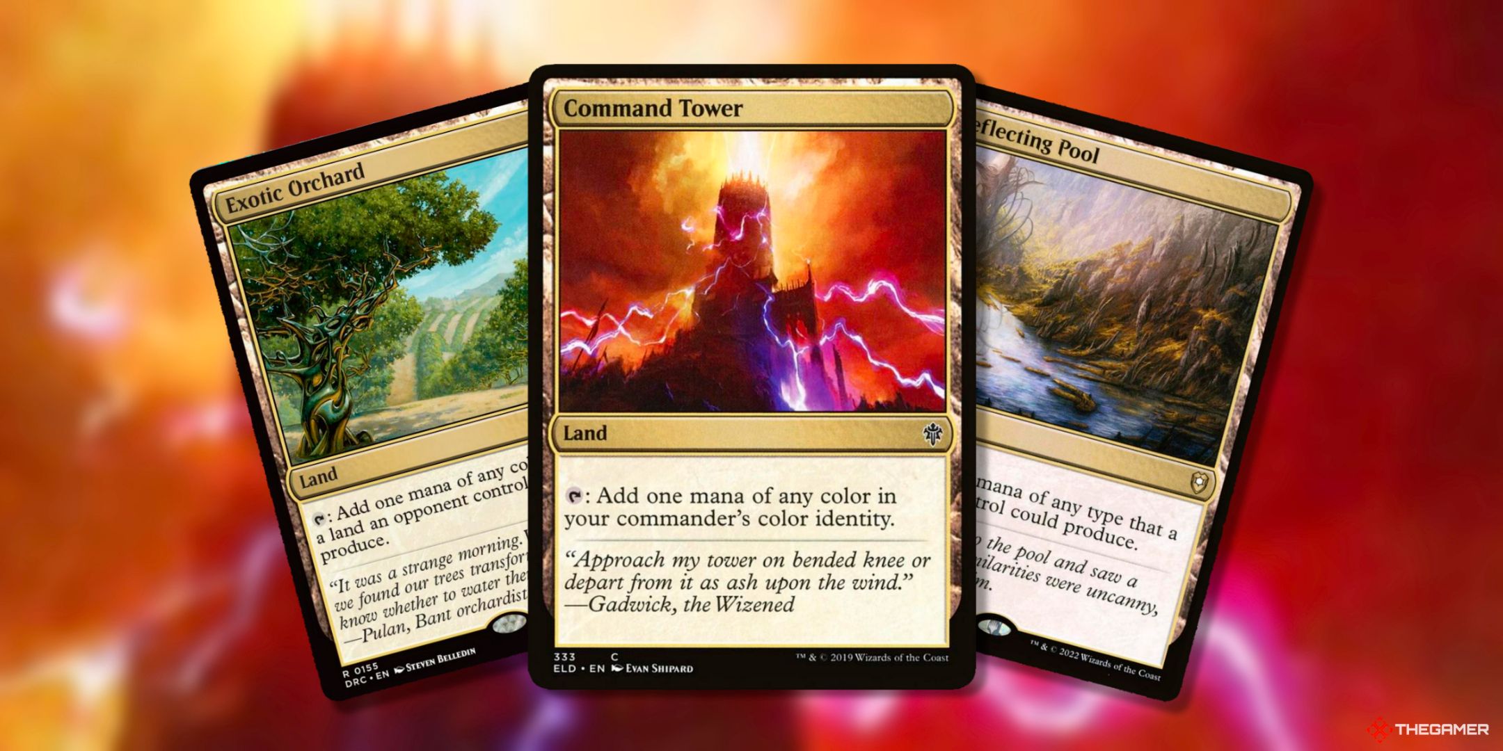 Exotic Orchard (Rare, DRC, 155), Command Tower (Common, ELD, 333), And Reflecting Pool (Rare, LIST, 385) Land Cards From Magic: The Gathering.