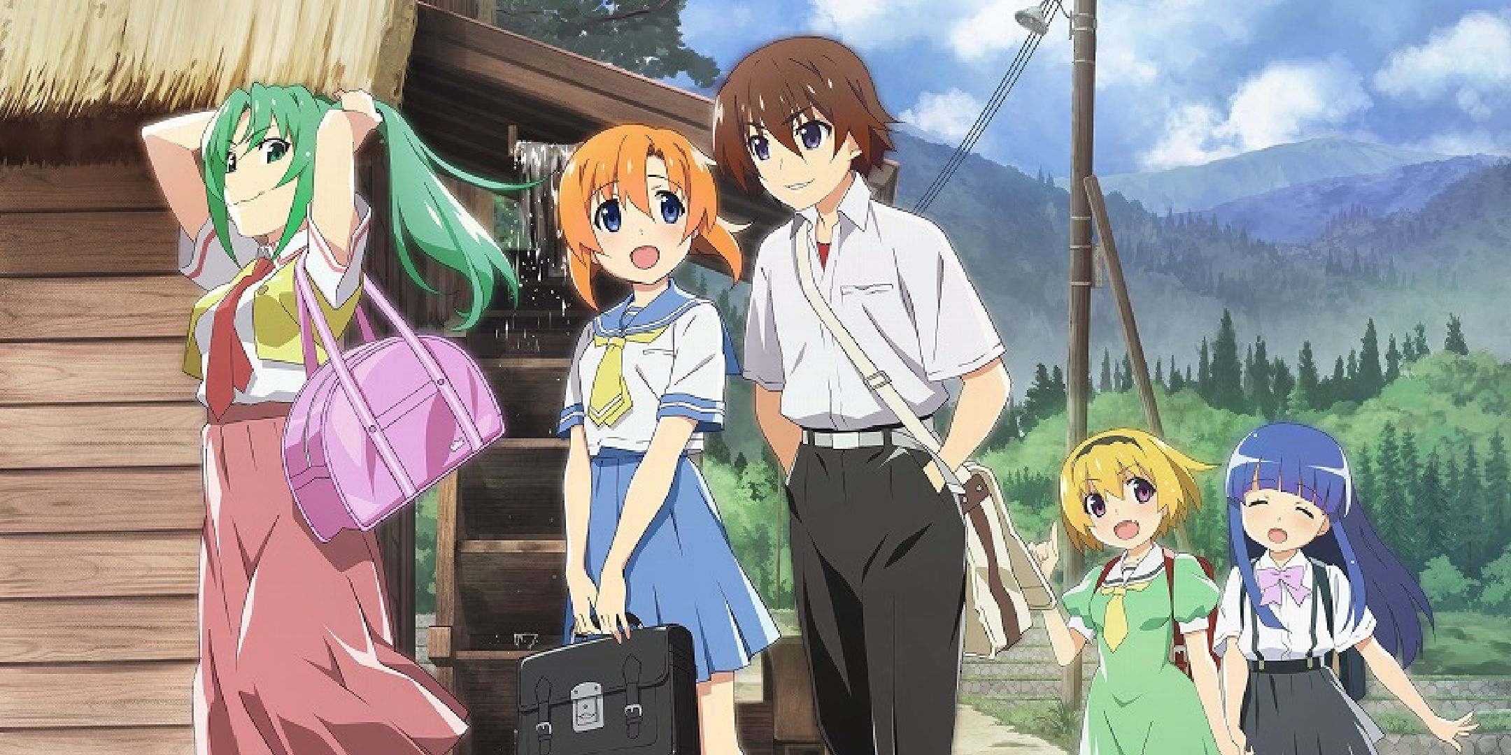 Five characters from Higurashi When They Cry standing together.