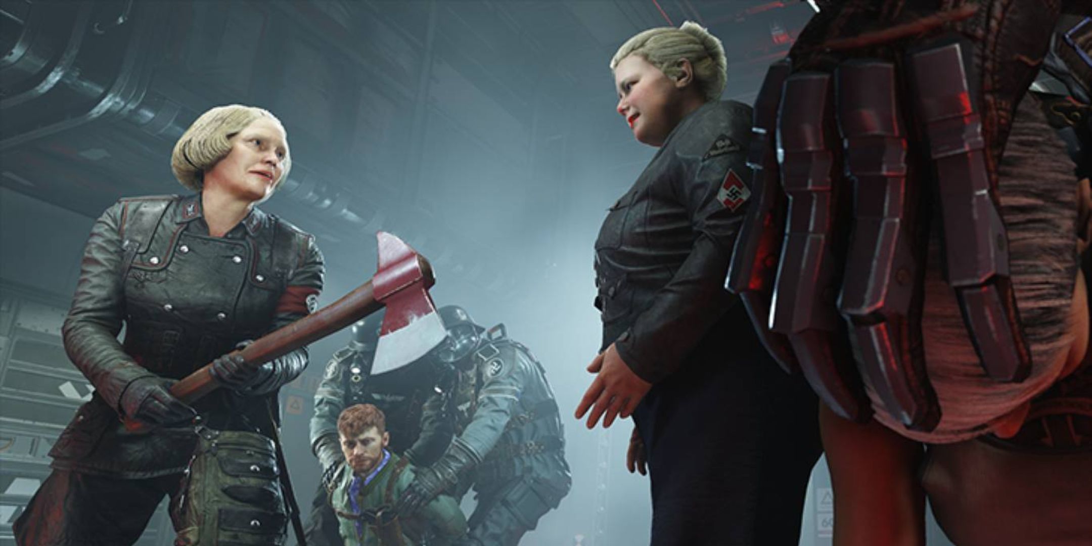 Frau Engel holding an axe, while looking at her daughter Sigrun in Wolfenstein 2 The New Colossus.