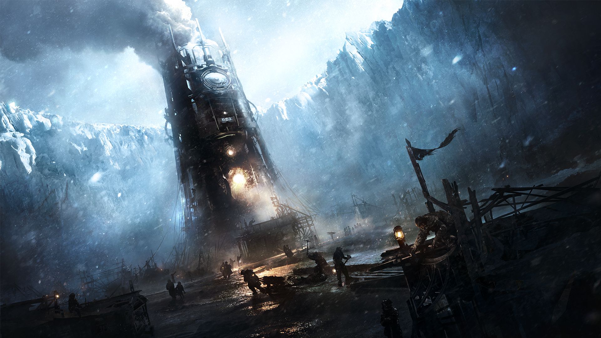 Concept art showing a city being built in Frostpunk 2.