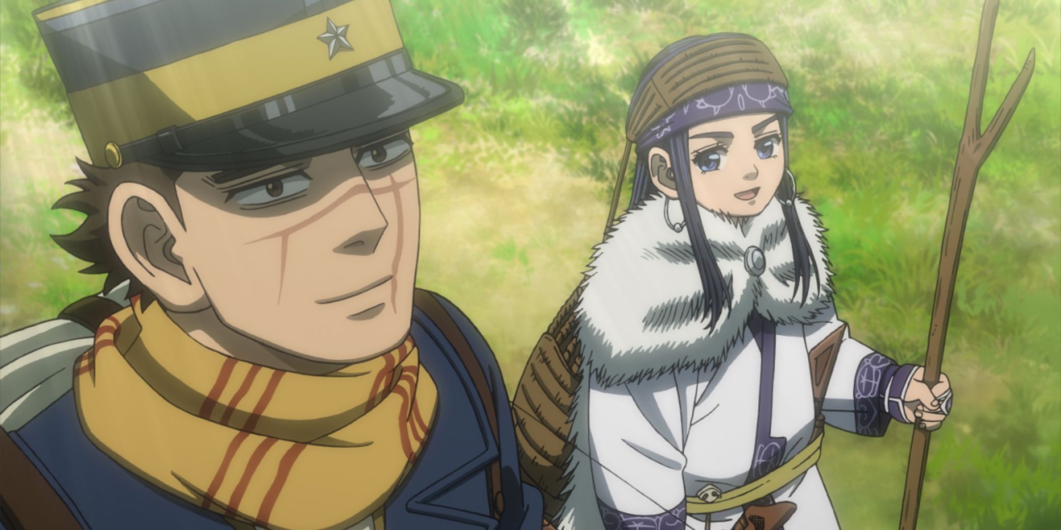 The two main characters of Golden Kamuy walking and talking.