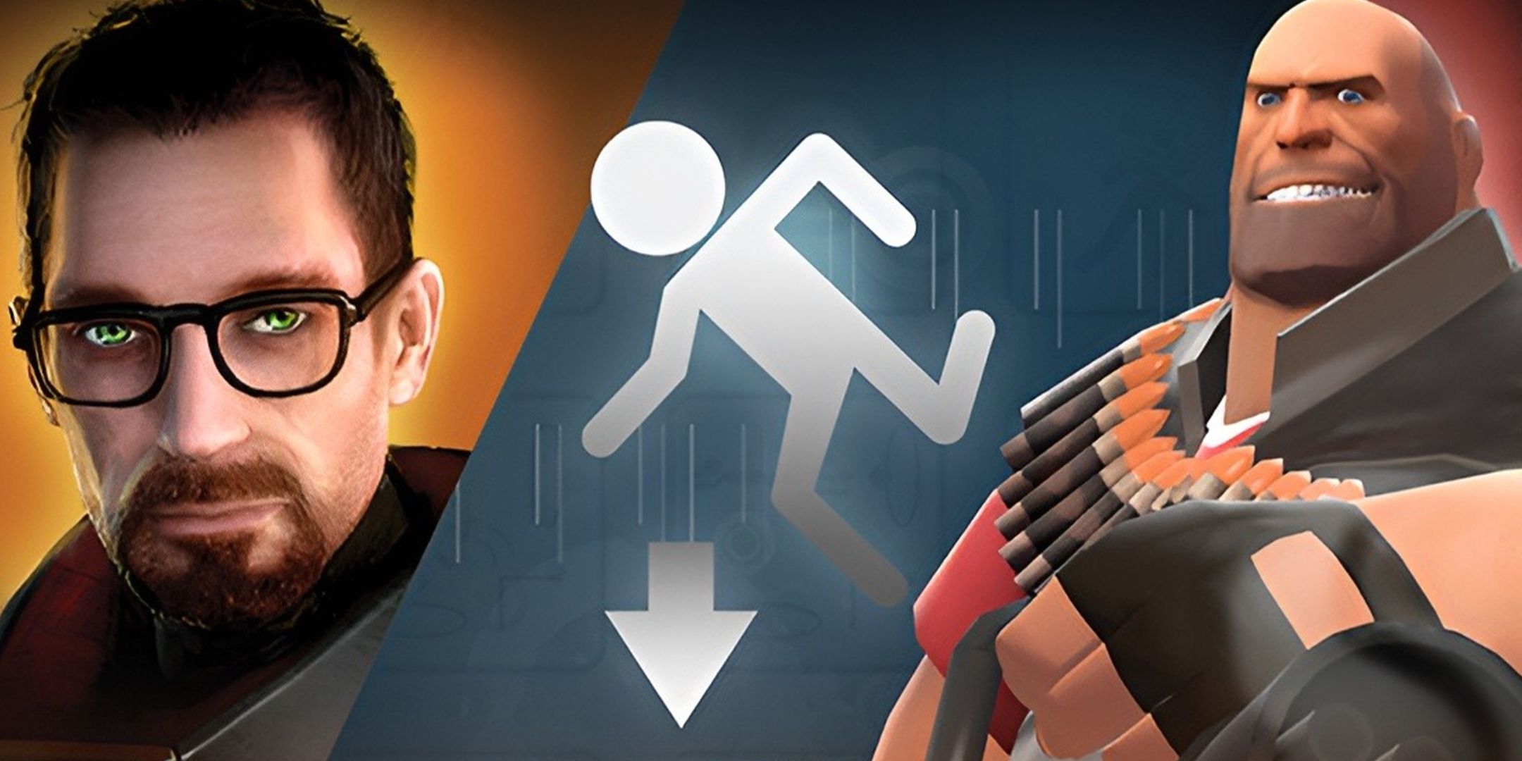 Gordon Freeman, Portal logo, and Heavy from Team Fortress 2 side-by-side on The Orange Box cover art.