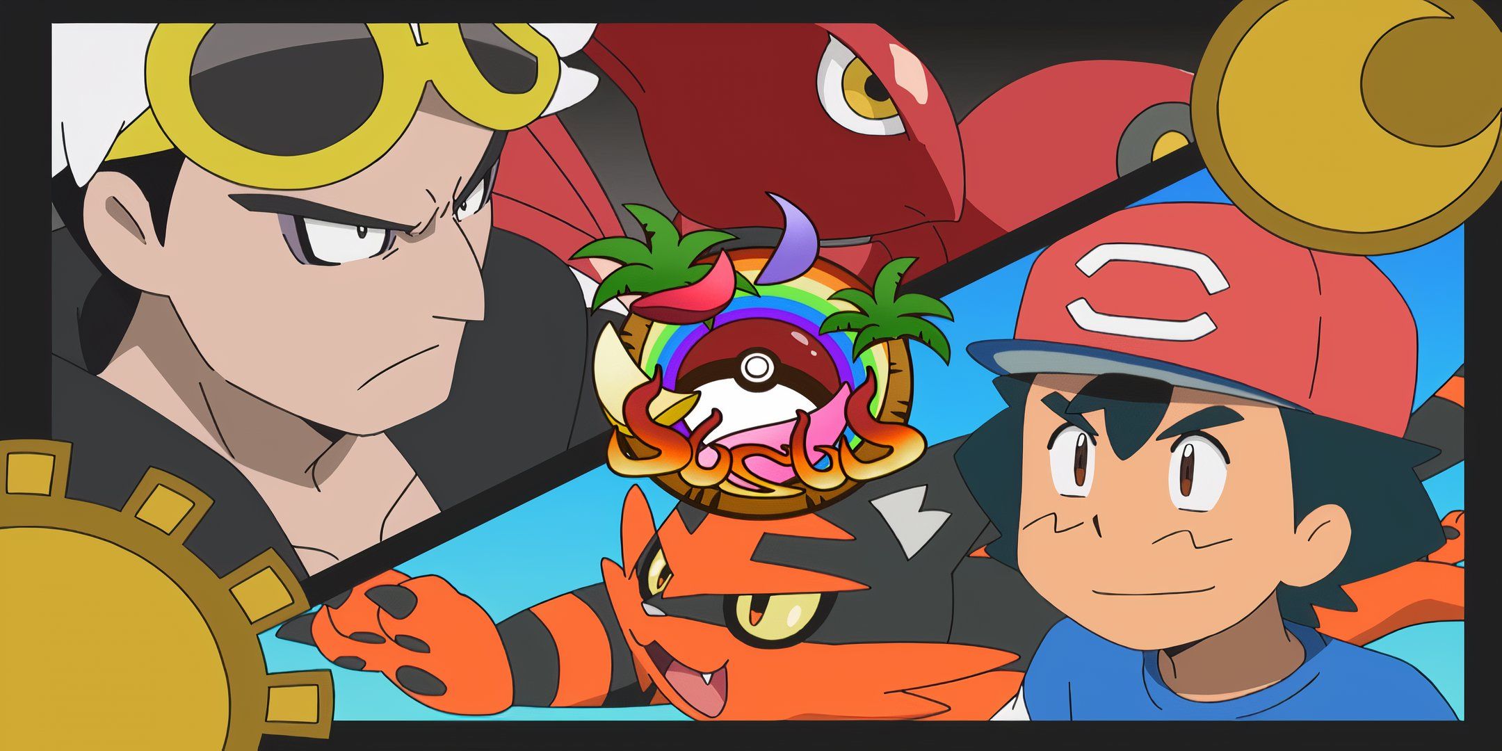 guzma and scizor facing off against ash and torracat in Pokemon.