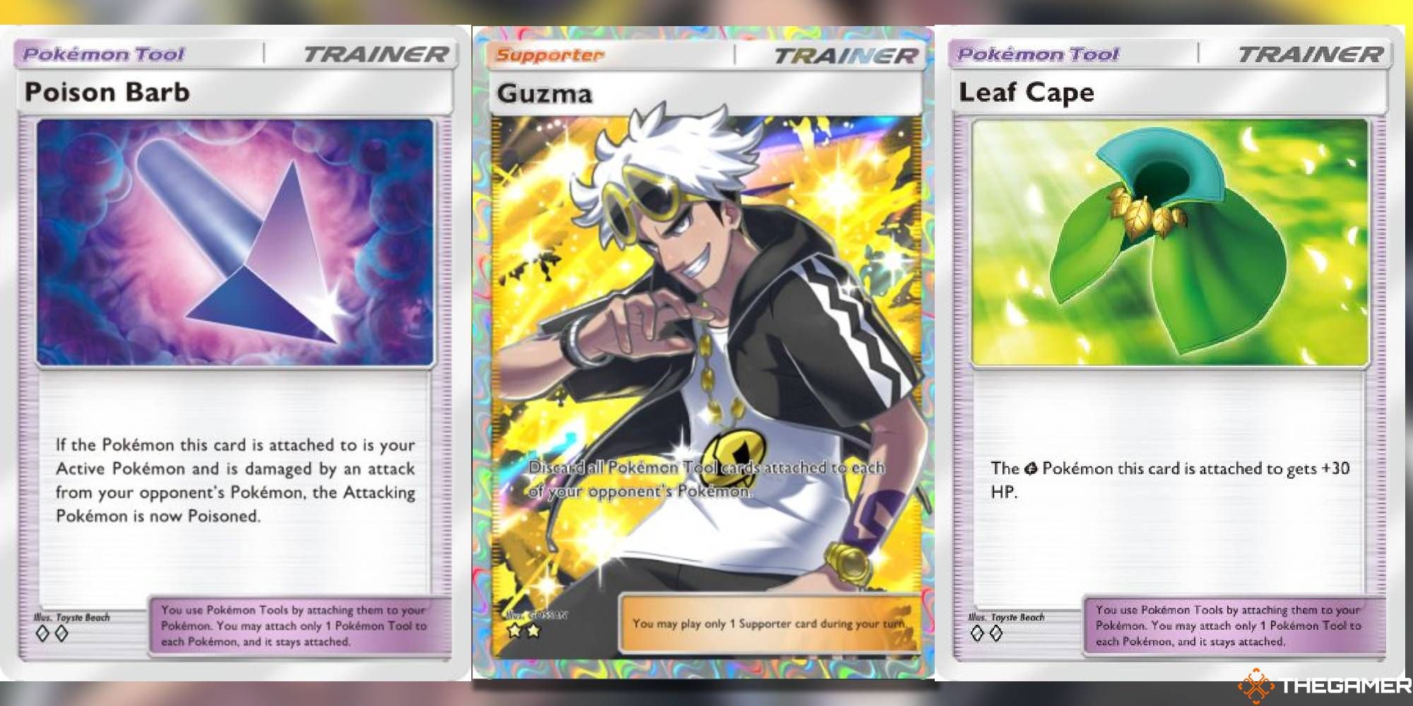 Guzma, Leaf Cape, and Poison Barb from Pokemon Pocket.