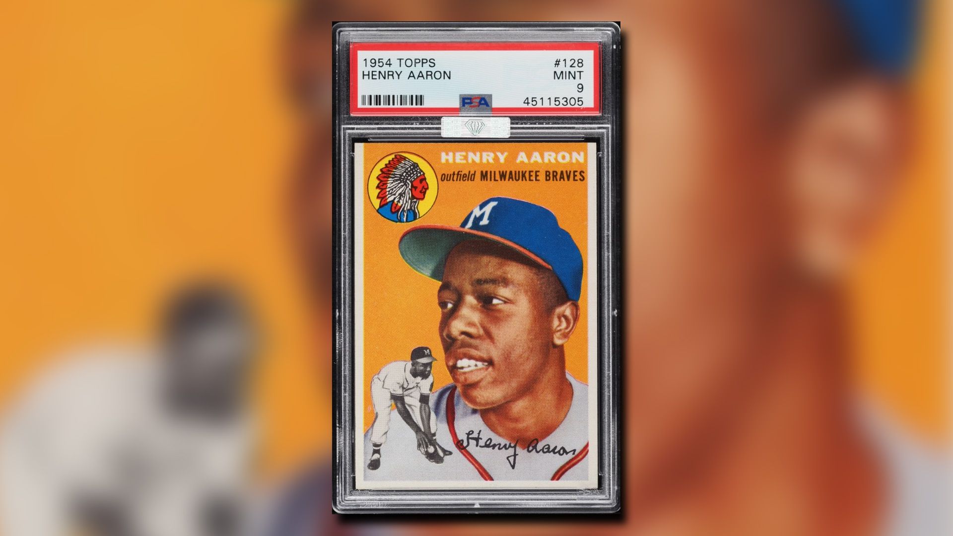 Hank Aaron Rookie #128 card from 1954 Topps set.