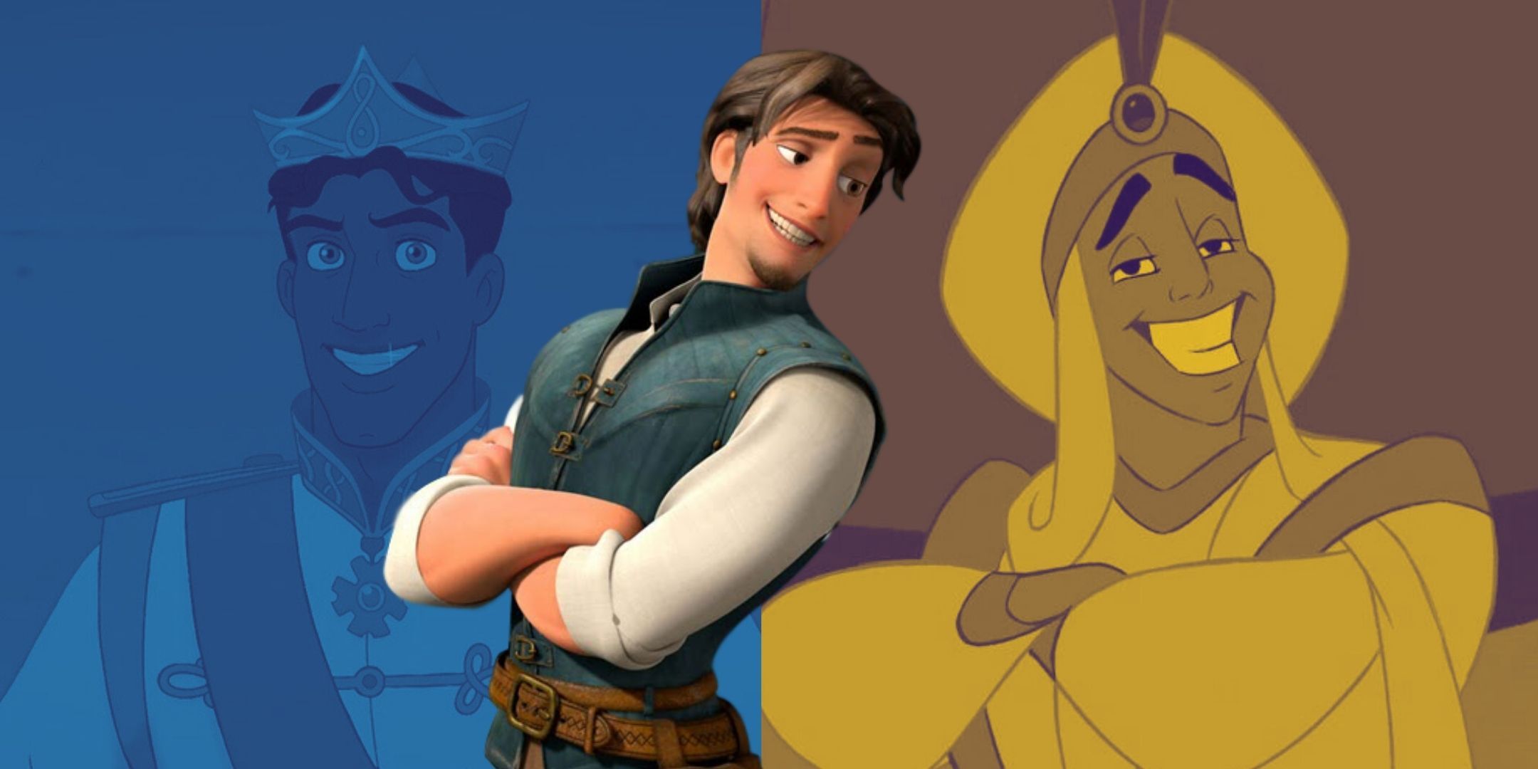 Image of Flynn Rider with Prince Nevaan and Aladdin in the background.