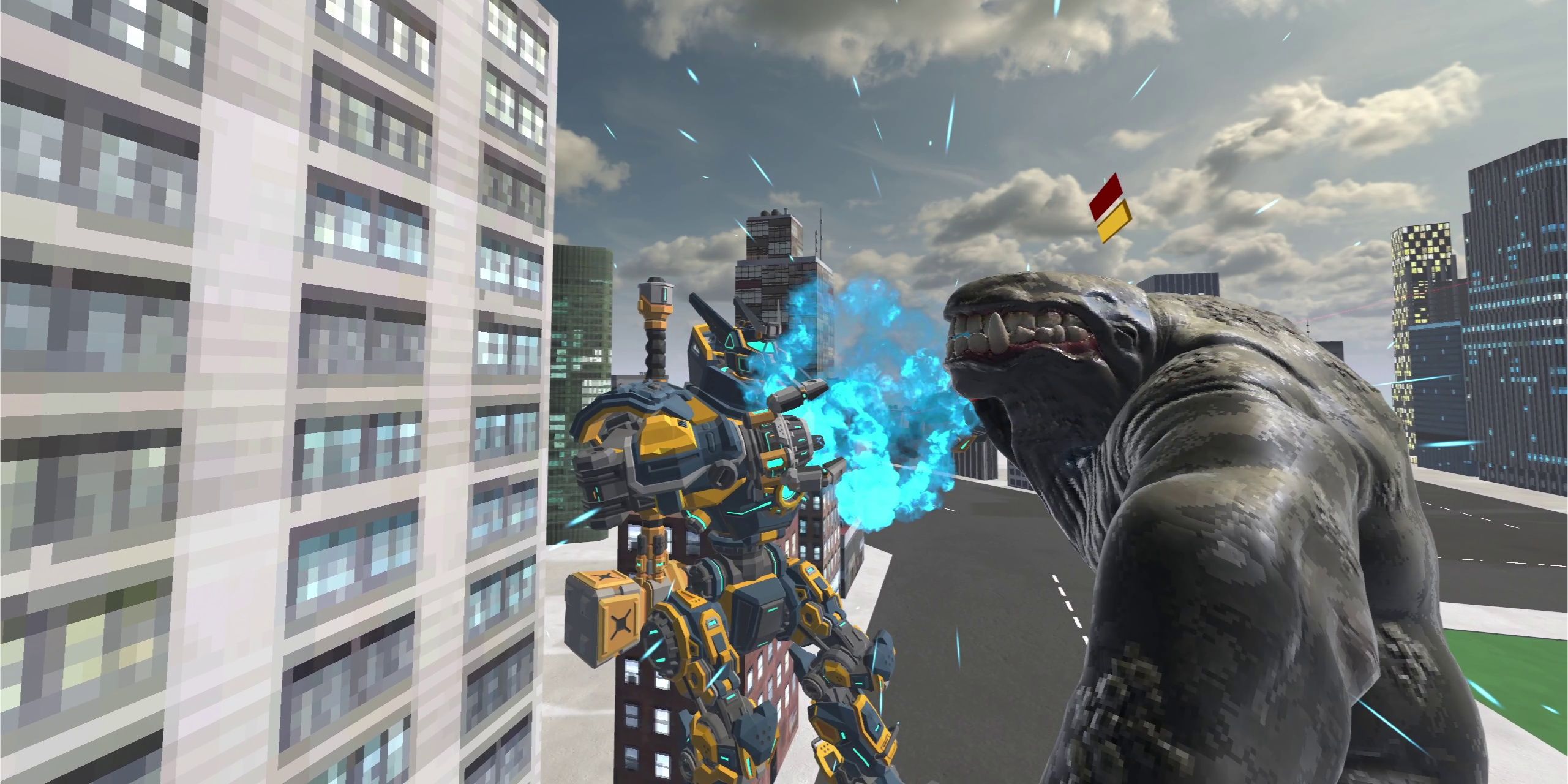 Battle Battle Kaiju simulator: in the city with Kaj and the guard.