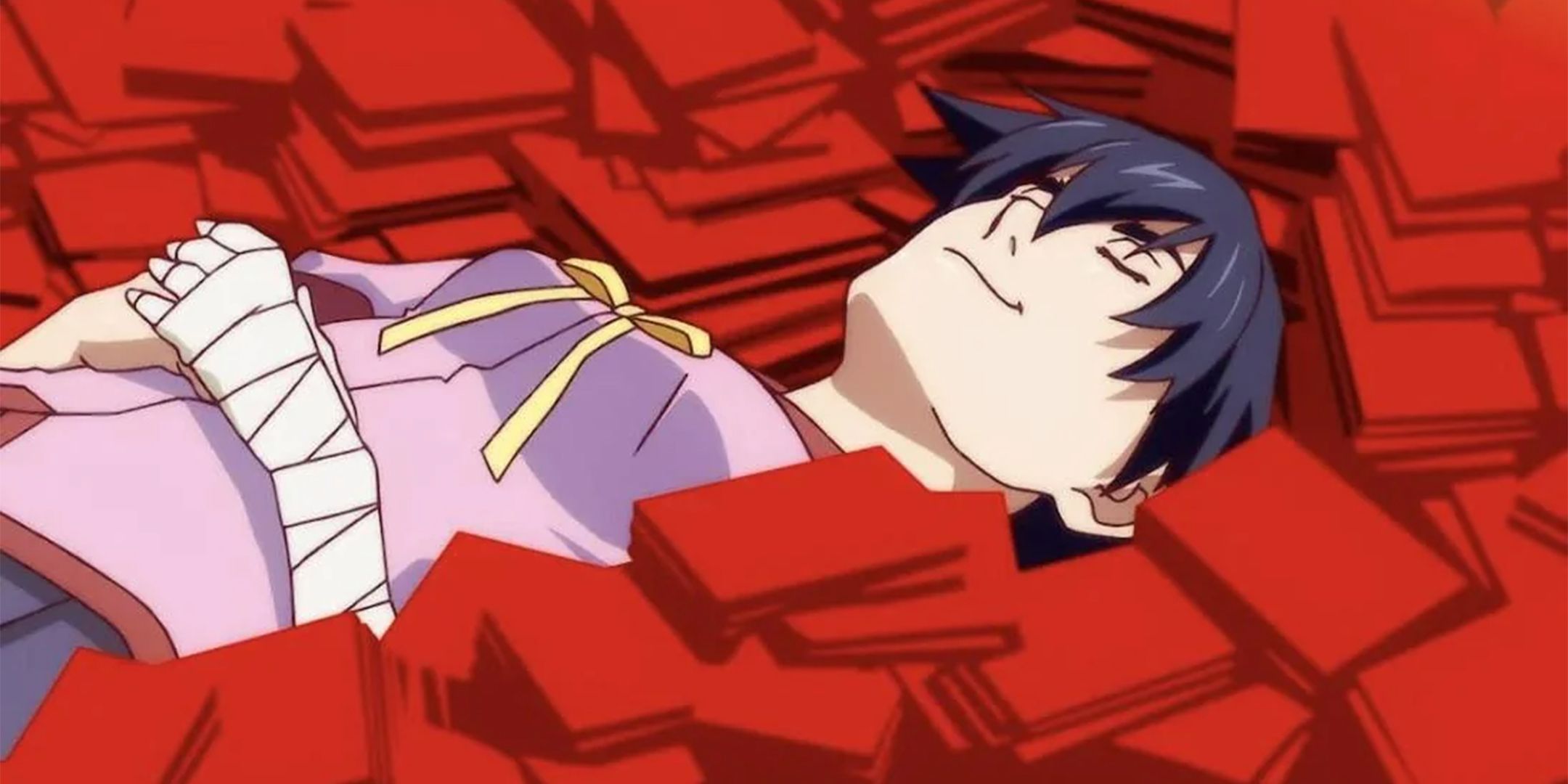 Kanbro is surrounded by red books in Beckimonovatari.