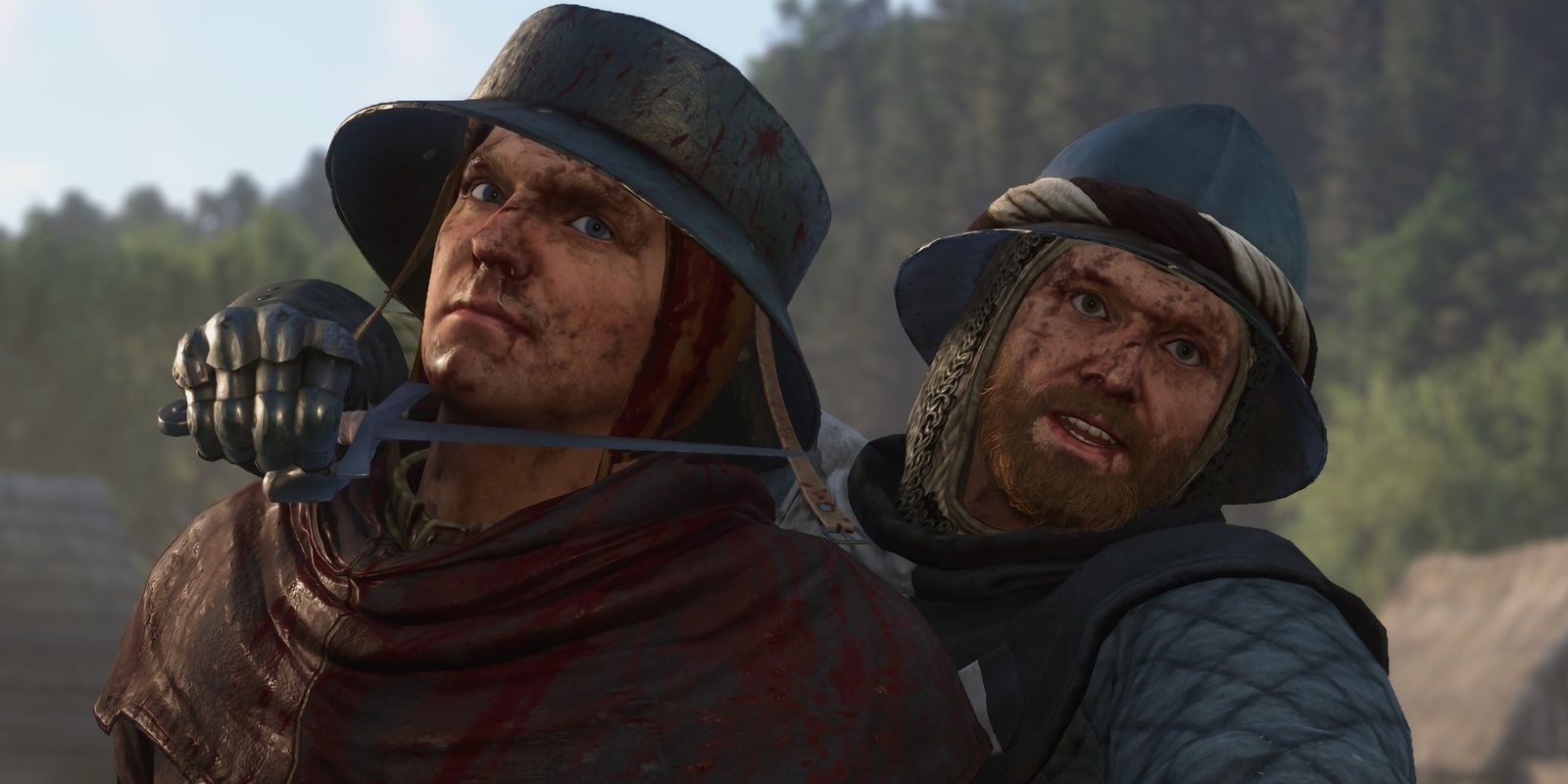 Kingdom Come: Deliverance 2 - a hostage held by a soldier with a knife.