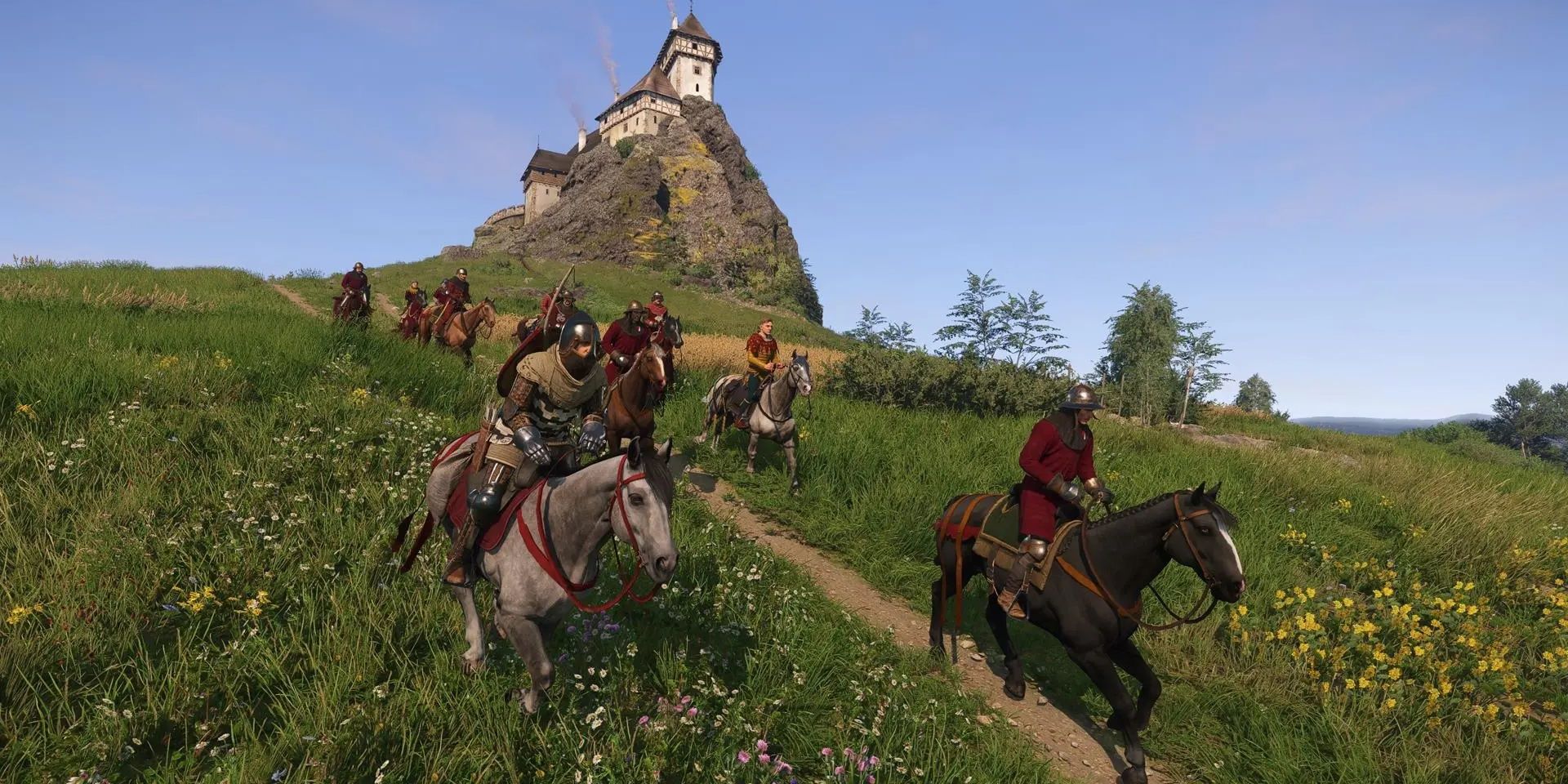 Kingdom Come: Deliverance 2 - A large group of knights on riding riding through an empty field.