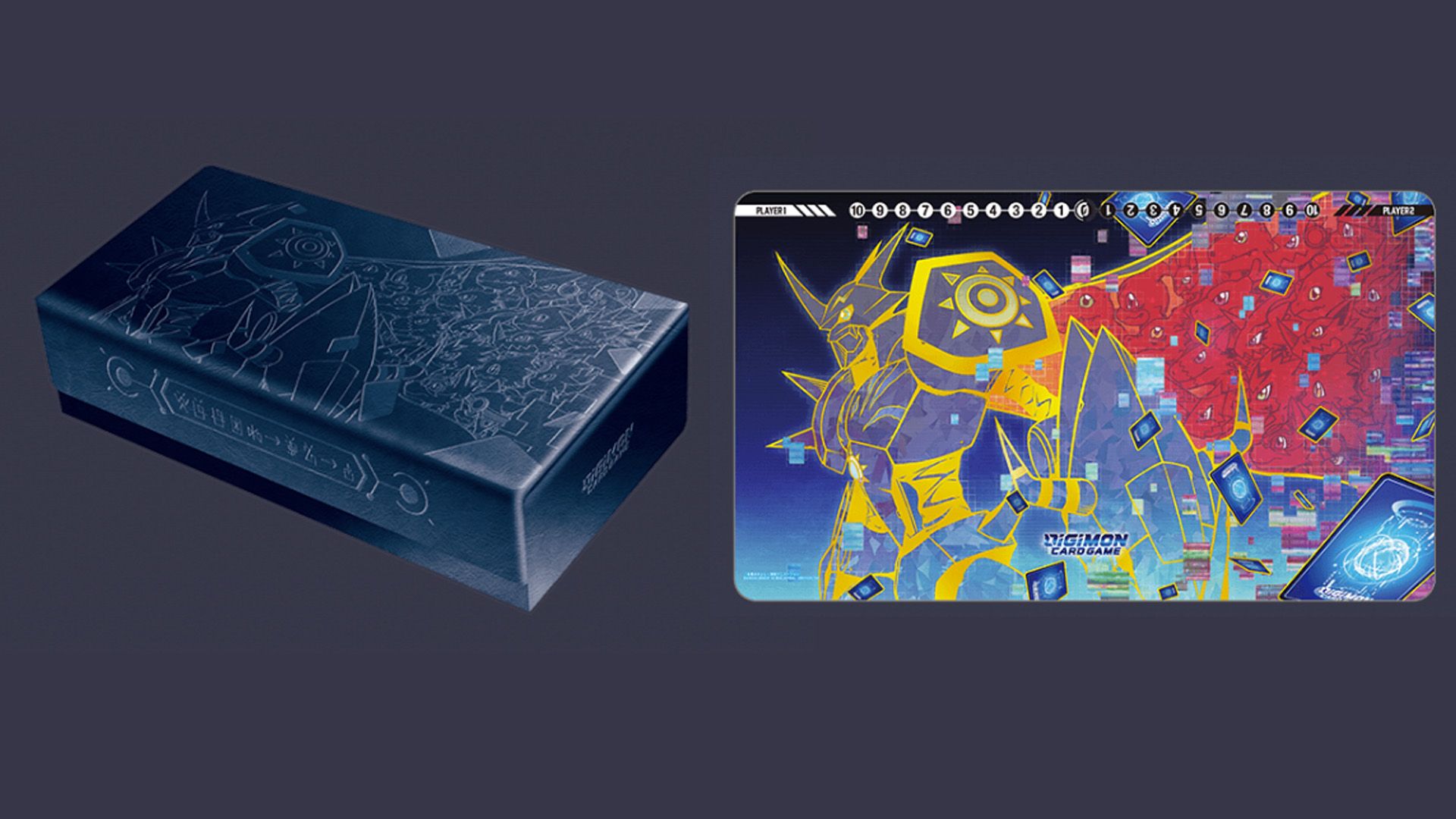 Leather box and Playmat with Tamer's Evolution Box in Digimon card game.