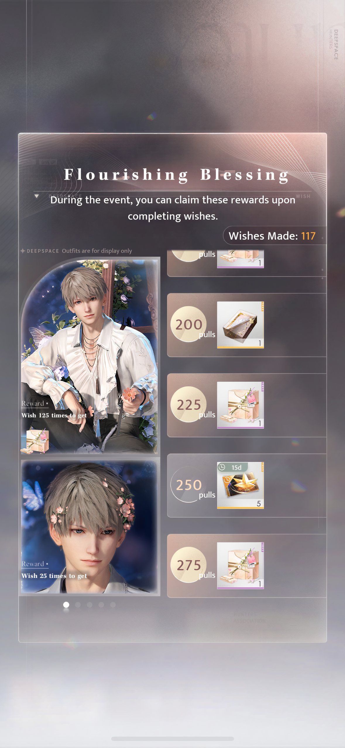 Love And Deepspace: A partial list of Pull rewards for Spring and Flowers.