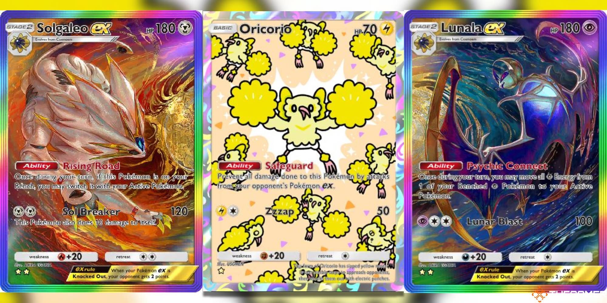 Lunala ex, Solgaleo ex, and Oricorio from Pokemon Pocket.