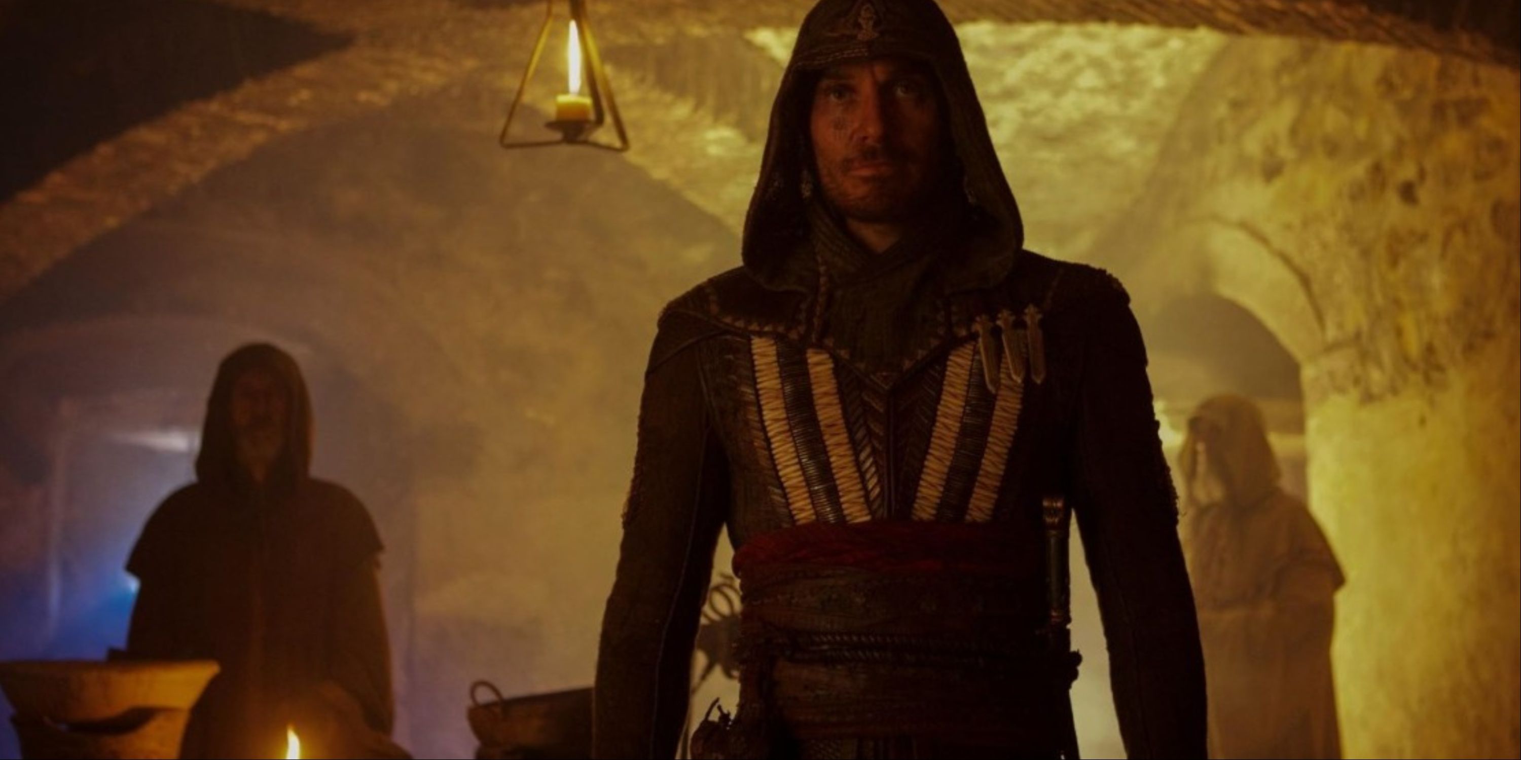 Michael Fassbender in an Assassin hideout in the 2016 Assassin's Creed movie.