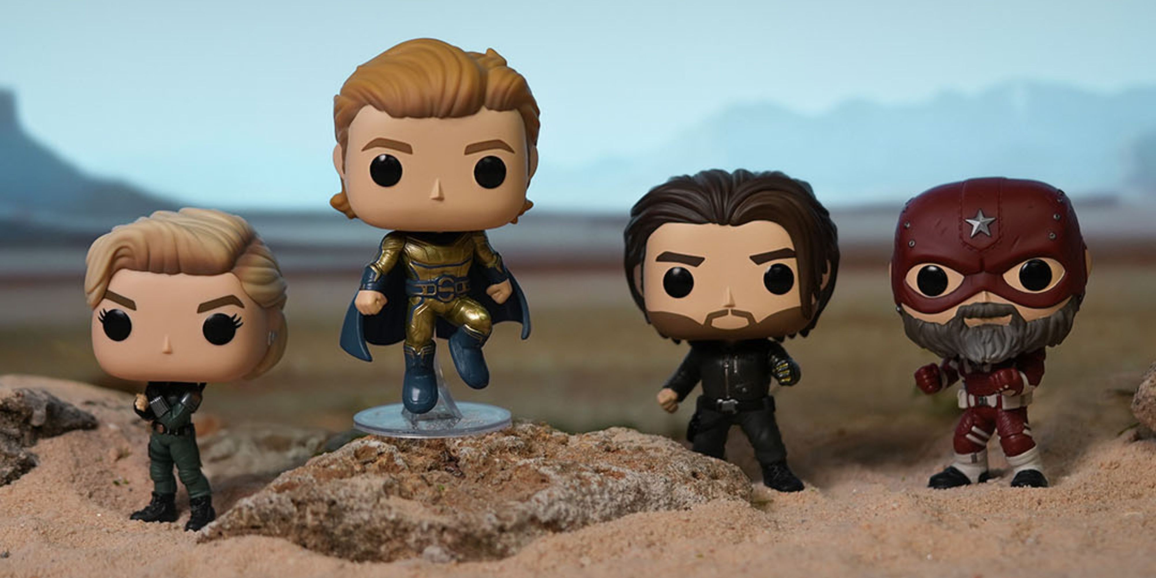 yelena, sentry, bucky, and red guardian thunderbolts funko pops.