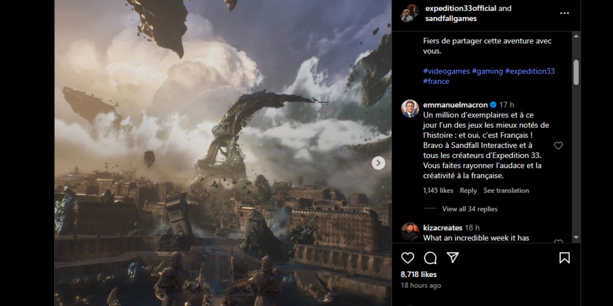 France President Emmanuel Macron congratulating Clair Obscur: Expedition 33 on Instagram.