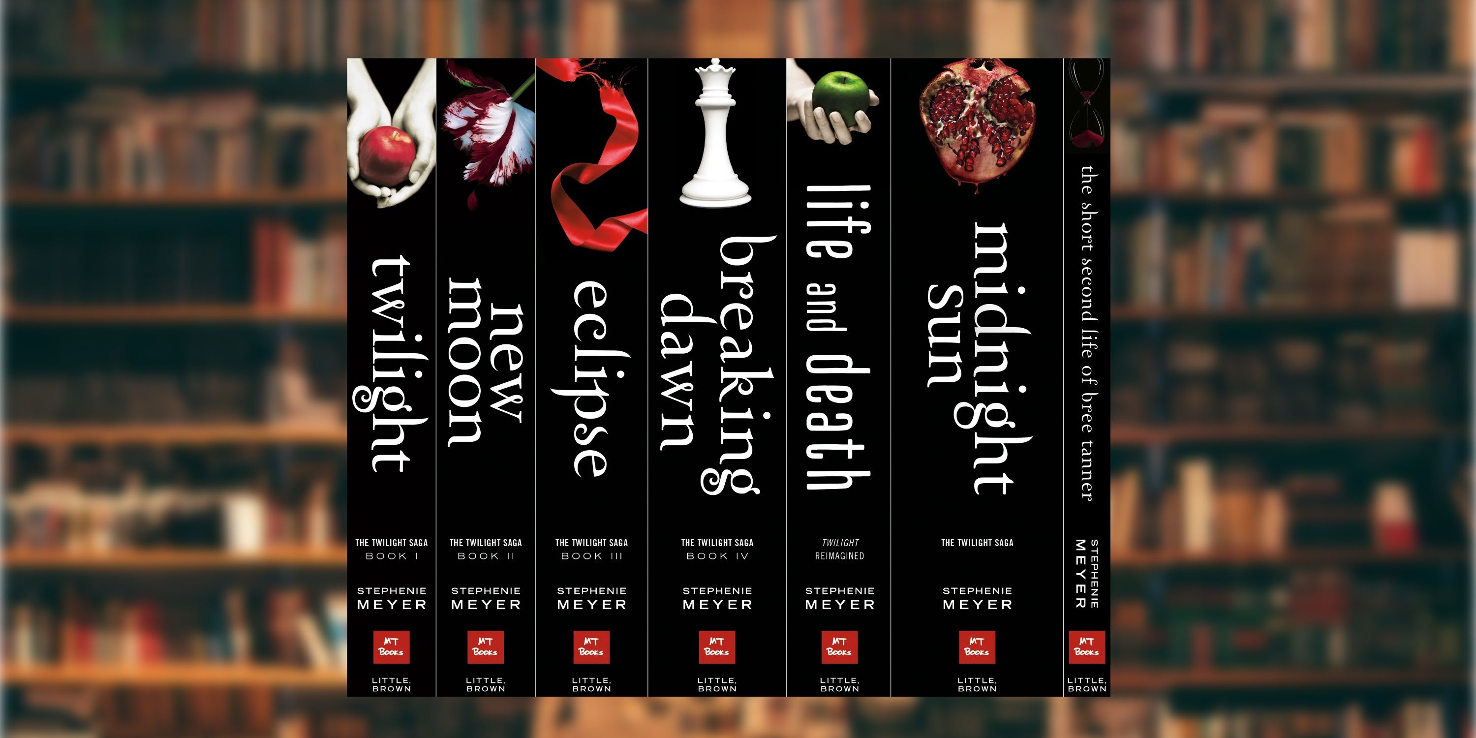 Twilight books in front of the background of the blurred library.