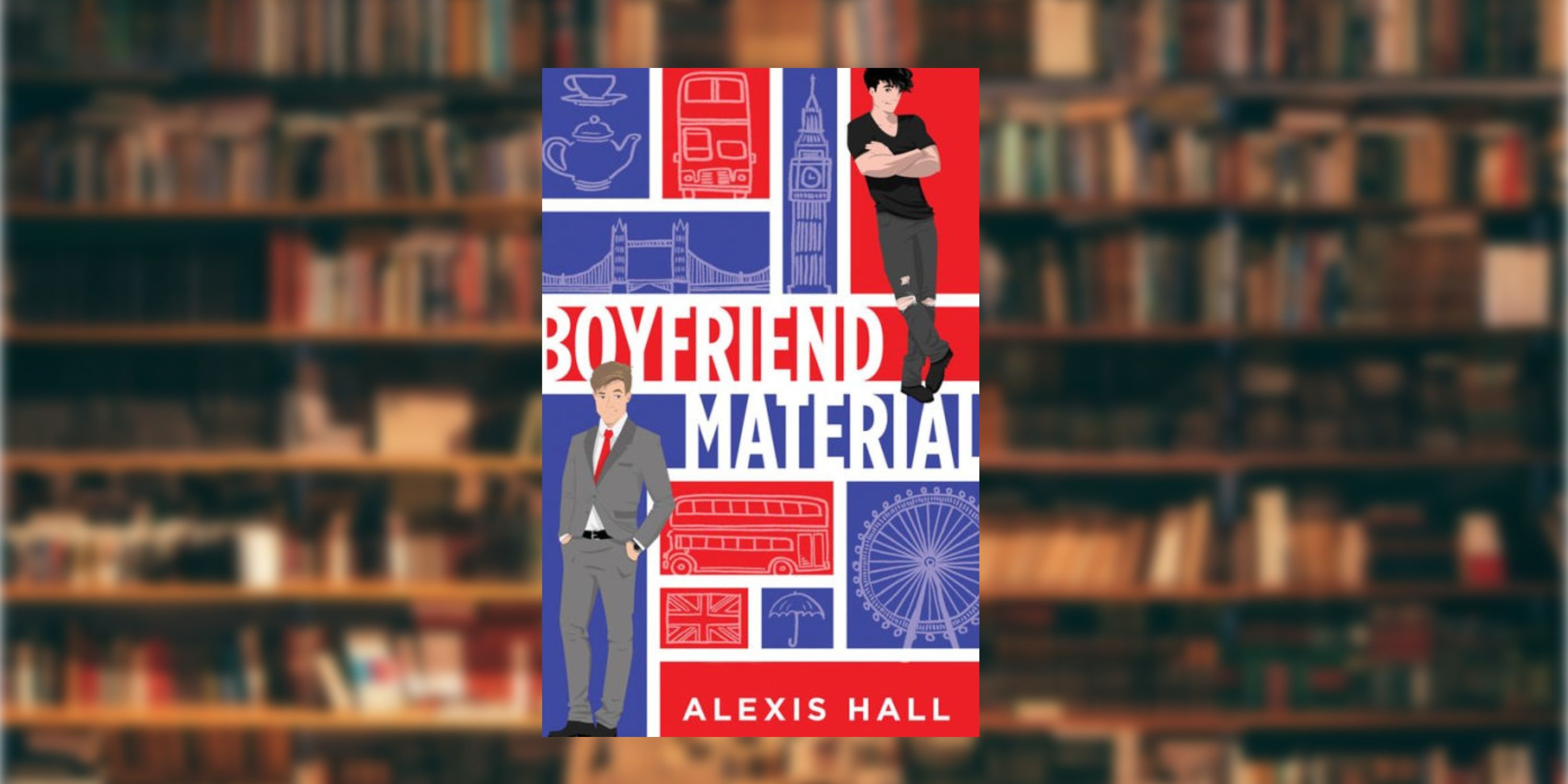 Boyfriend content on the background of the blurred library. 