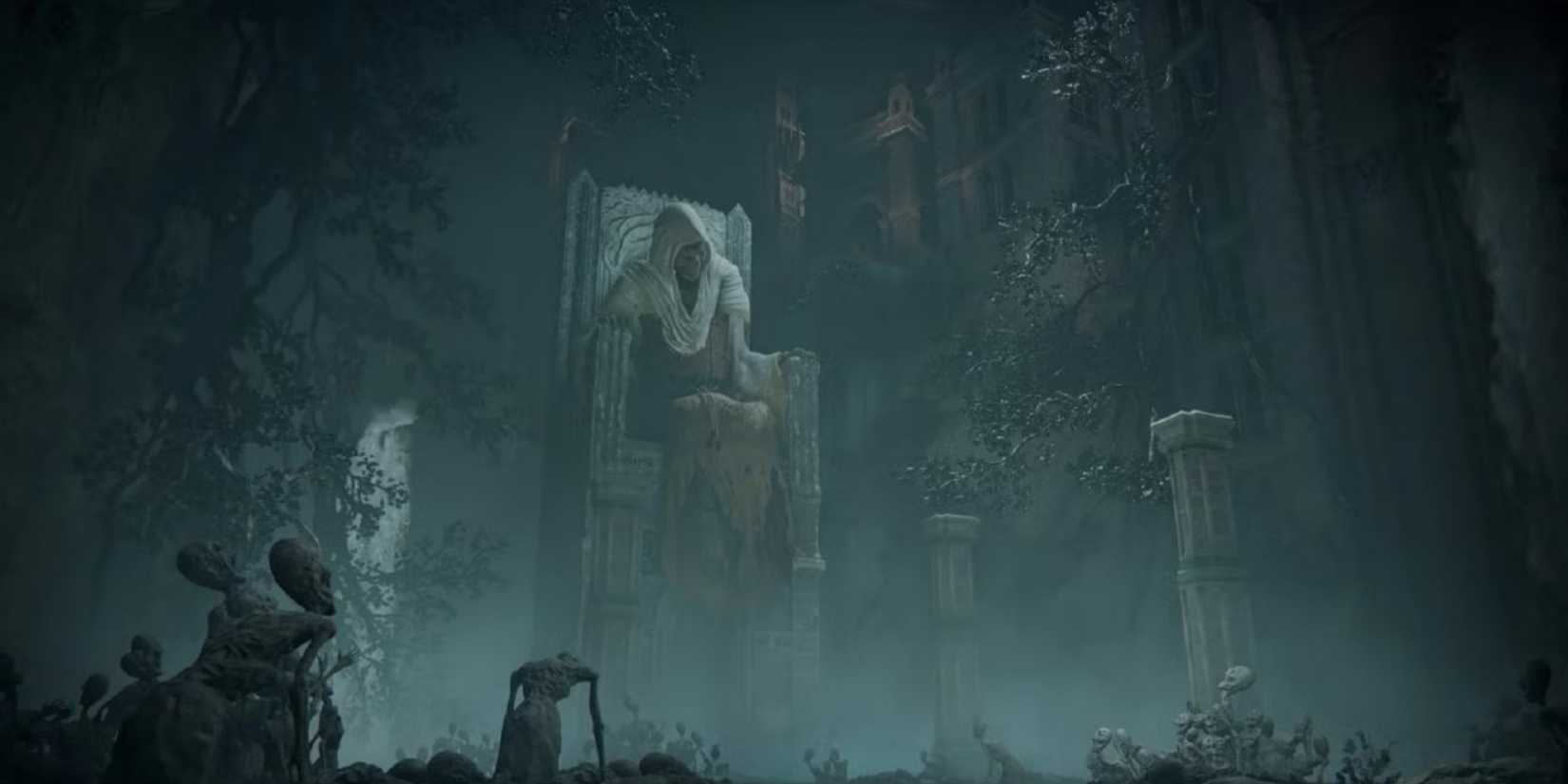 Giant skeleton on throne in Elden Ring.