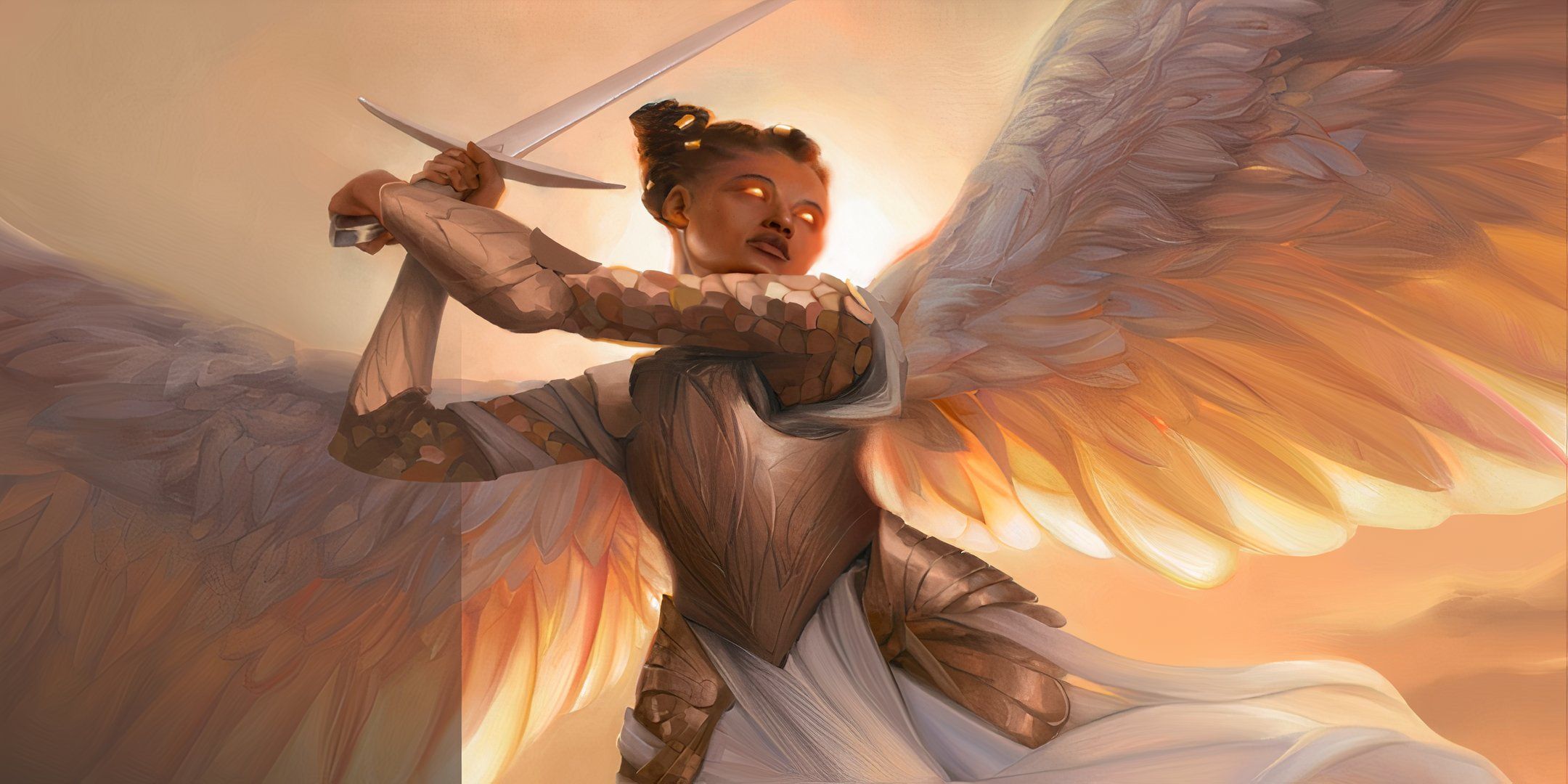 Divine Wielder Seraph artwork of a character flying, wings spread, about to attack with a sword from TTRPG Daggerheart.