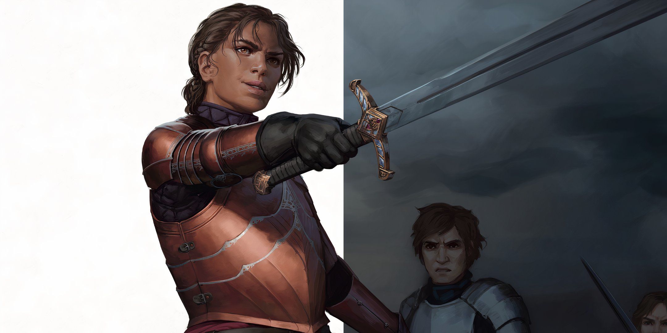 A Guargian stands with their hand and sword extended protecting others in the TTRPG Daggerheart.