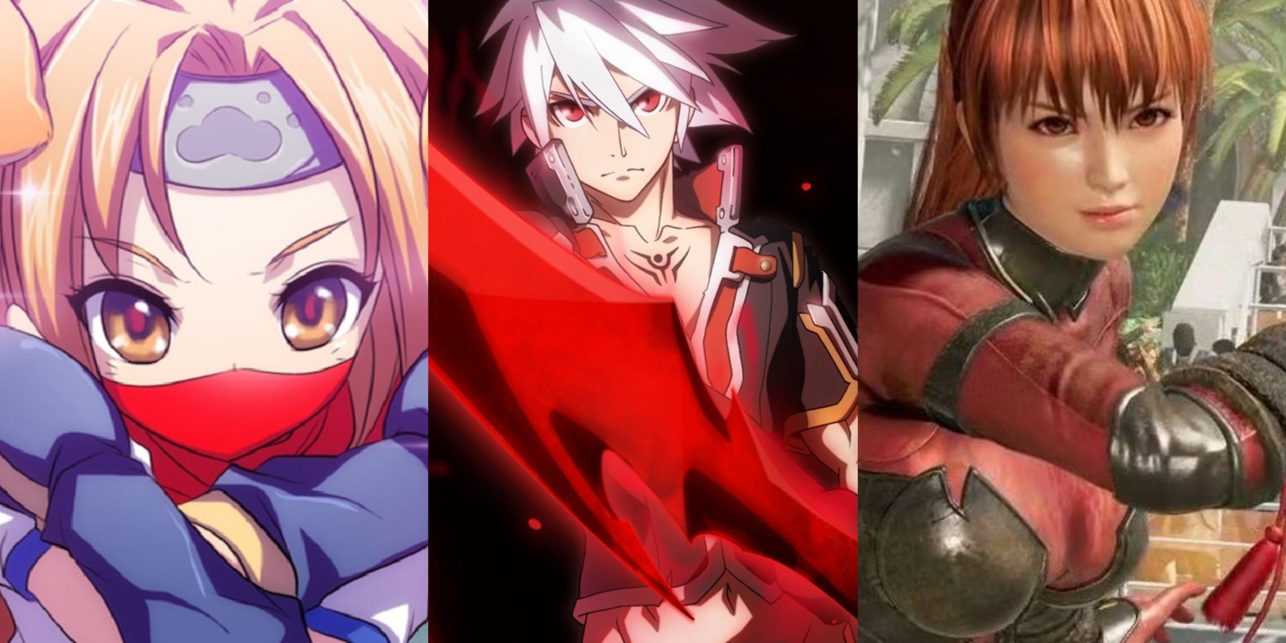 A collage of photos displaying Kunoha (left to right) from Arkana Heart 3, Blaze Blue from Noto Korgan: Central Fiction, and dead or live 6.