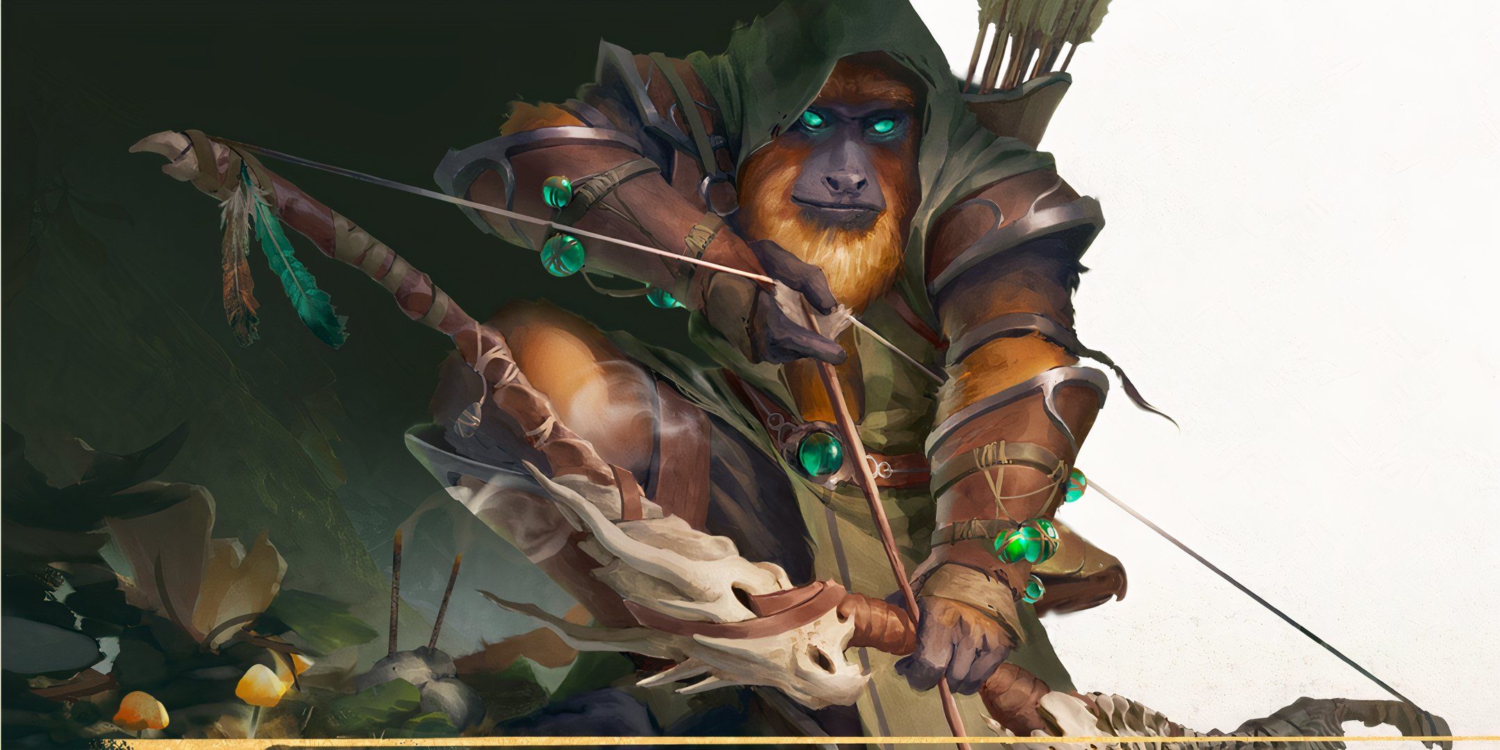 A Simian Wayfinder Ranger readies his bow from the TTRPG Daggerheart.