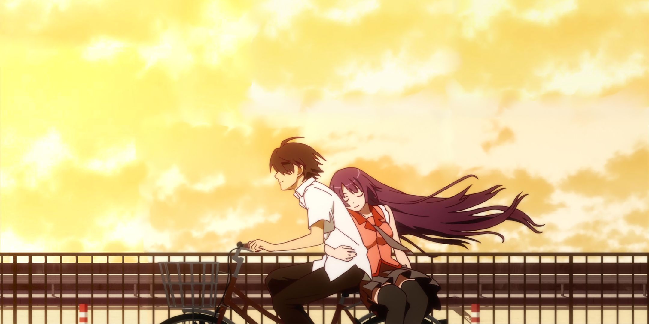 At sunset in the monogate, Aragi and Sanjaghara were riding a motorcycle.