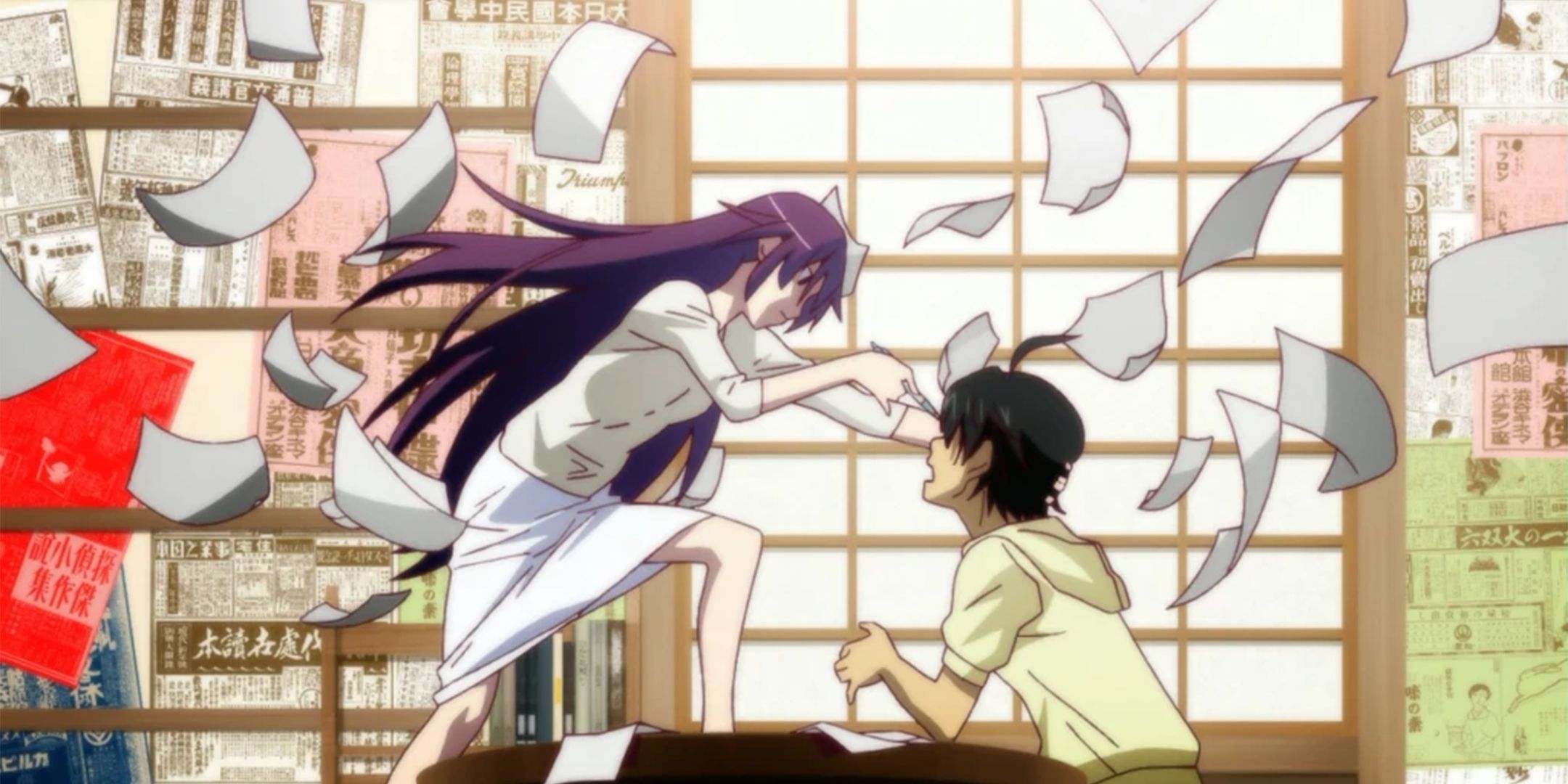 As the papers fly in Monogatari, Sinjaghara threatens Araragi with a pen.