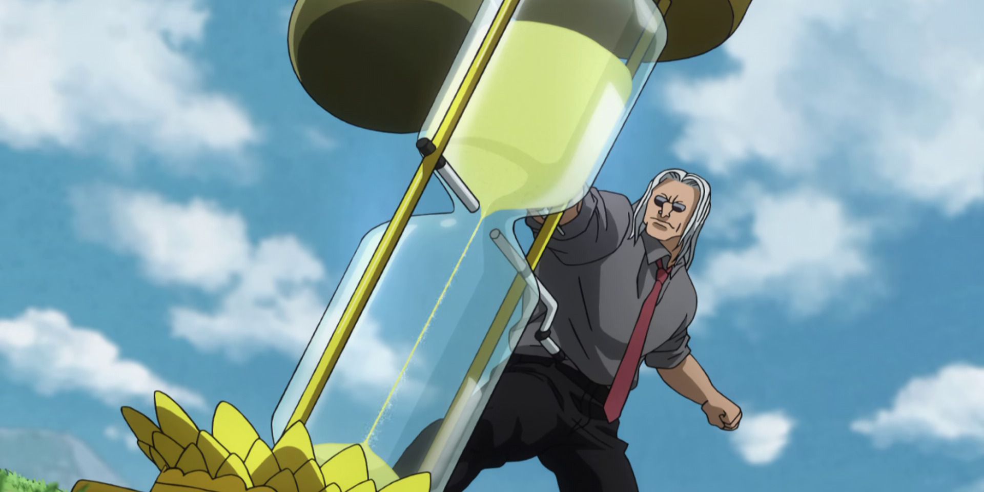 Morrill is hitting a large sand timer with his pipe in Hunter X Hunter (2011).