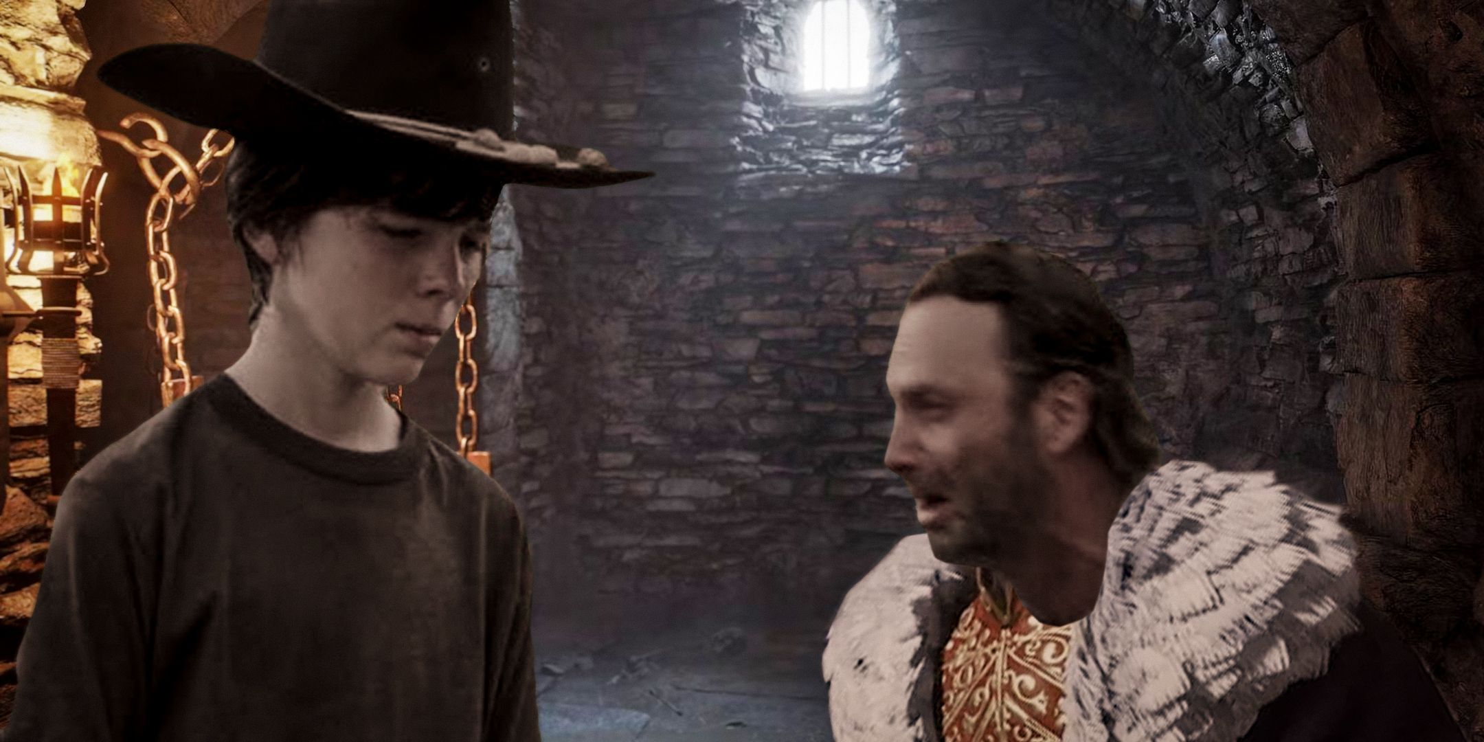 Carl and Rick Grimes from The Walking Dead looking sad in a jail cell in Oblivion Remastered