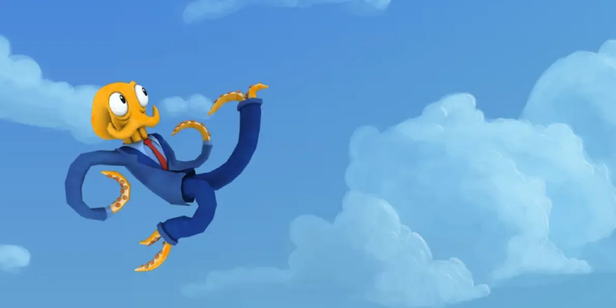 Octodad soars throught clouds in Octodad Dadliest Catch.