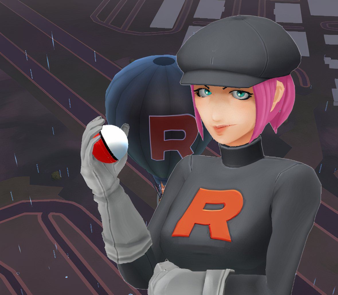 Team Go Rocket Grunt holds the Poke ball from Pokemon Go.