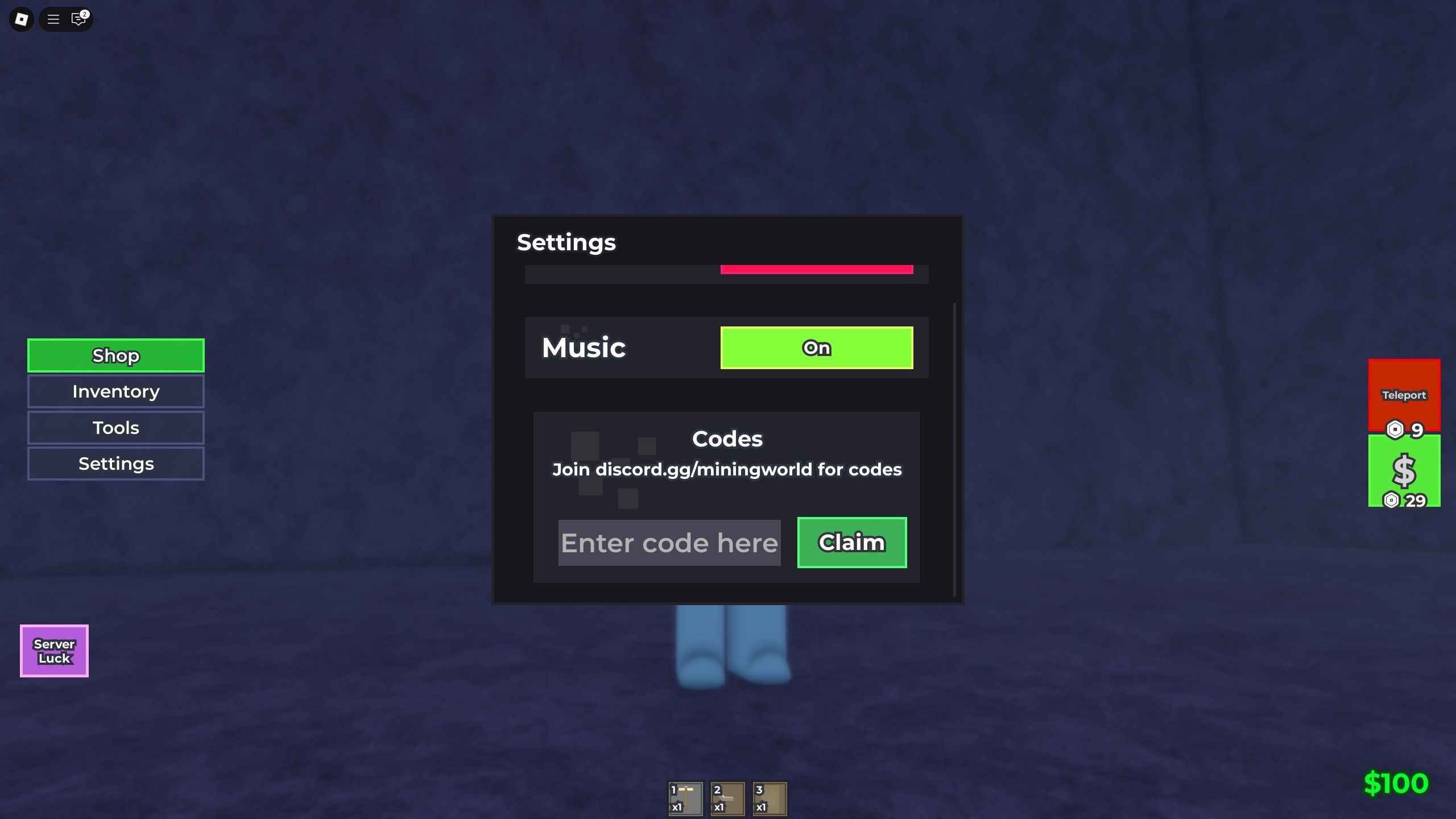 the settings in Mining World on Roblox