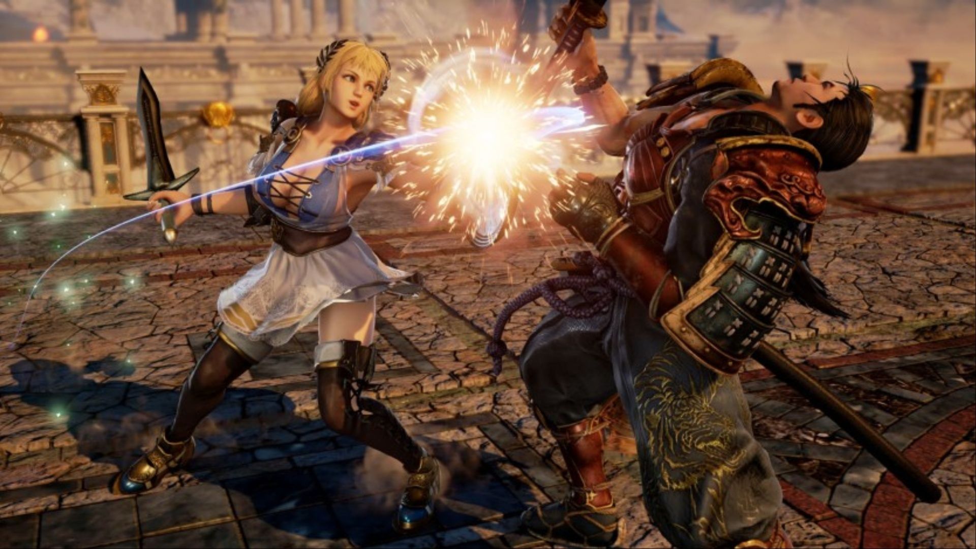 Sophitia Alexandra hit Hashiro Matsurogi with his shield, causing him to fall in the Spirit of Caliber 6.
