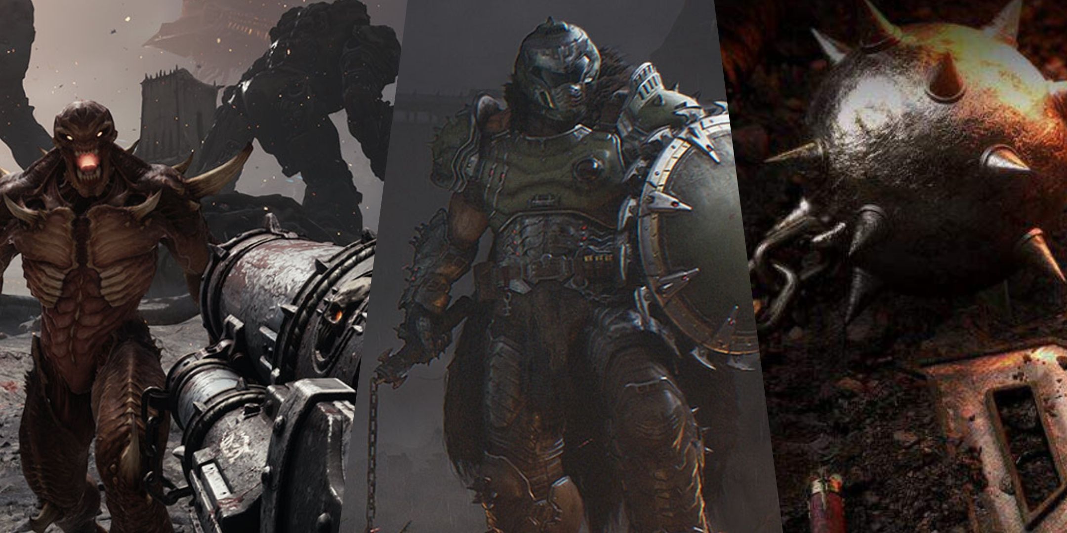 Split image featuring Slayer, a demon, and a mace from Doom: The Dark Ages.