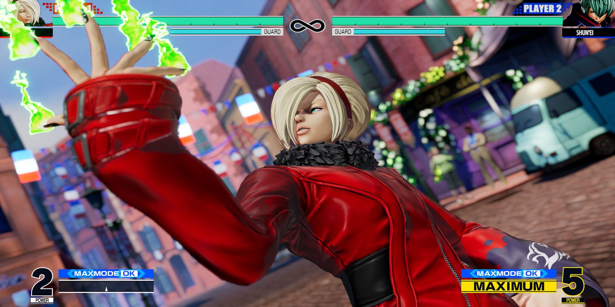 A close shot of a character with green flames in the King of Fighters XV.