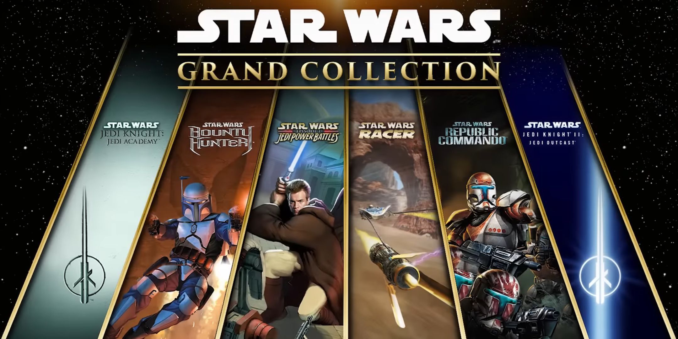 A graphic for the Star Wars Grand Collection, showing cover art for the six games that it includes