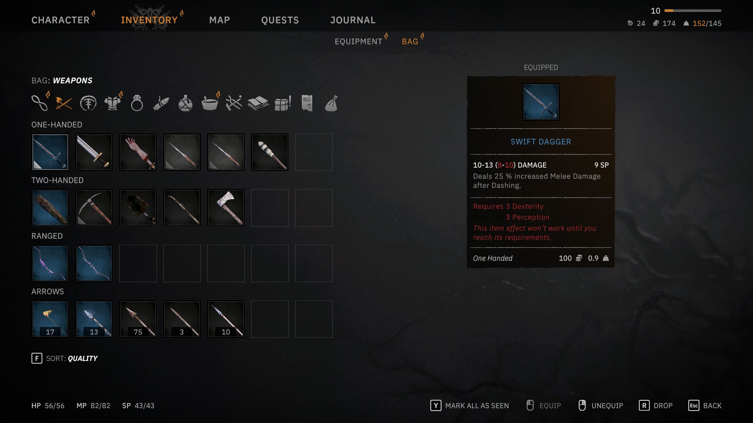 منوی Swift Dagger در Grail Tainted: Fall of Avalon.