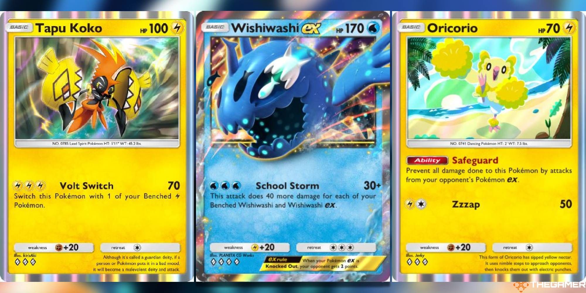 Tapu Koko, Wishiwashi ex, and Oricorio in Pokemon Pocket.