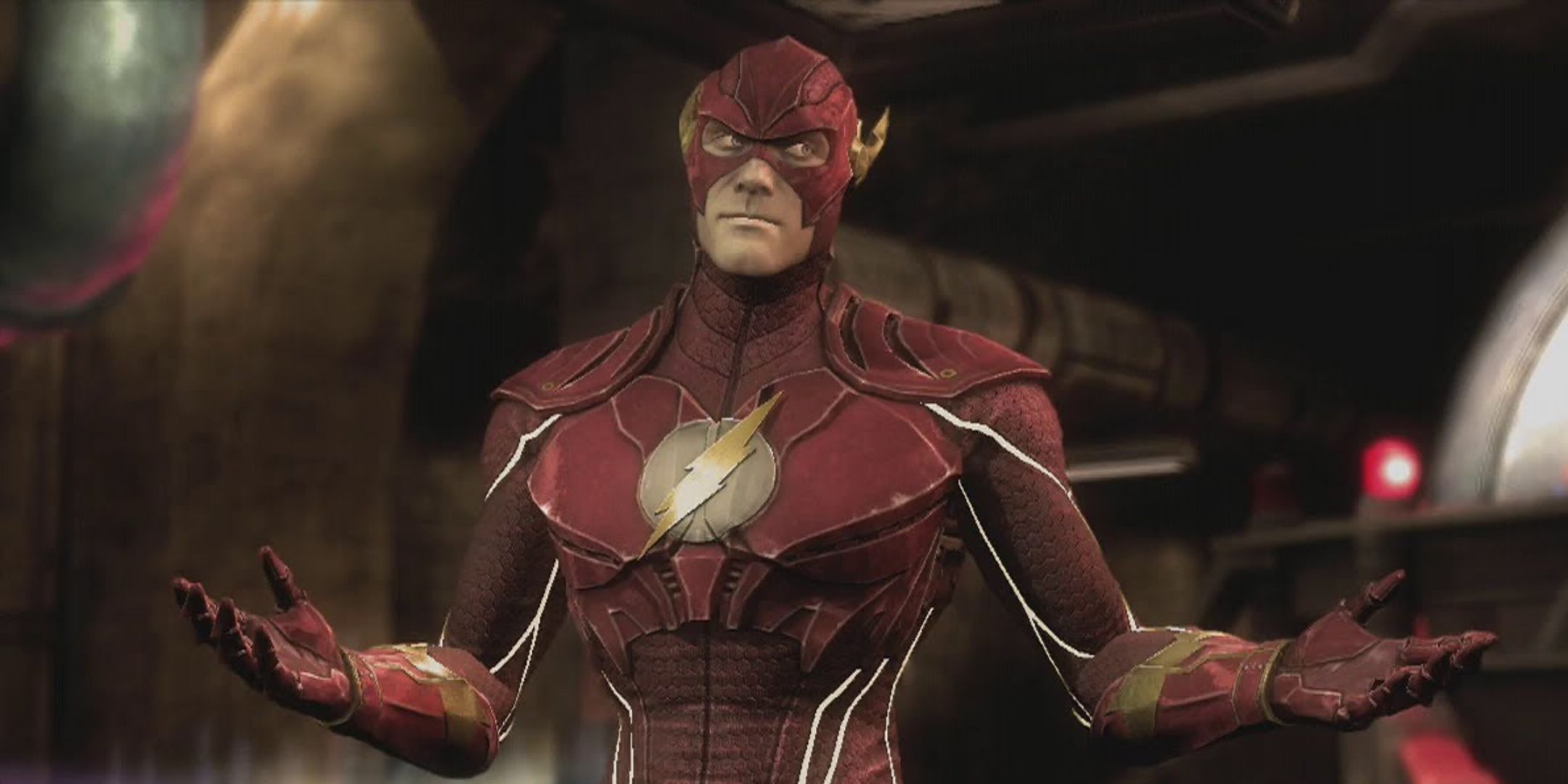 The Flash with his arms out in Injustice Gods Among Us.