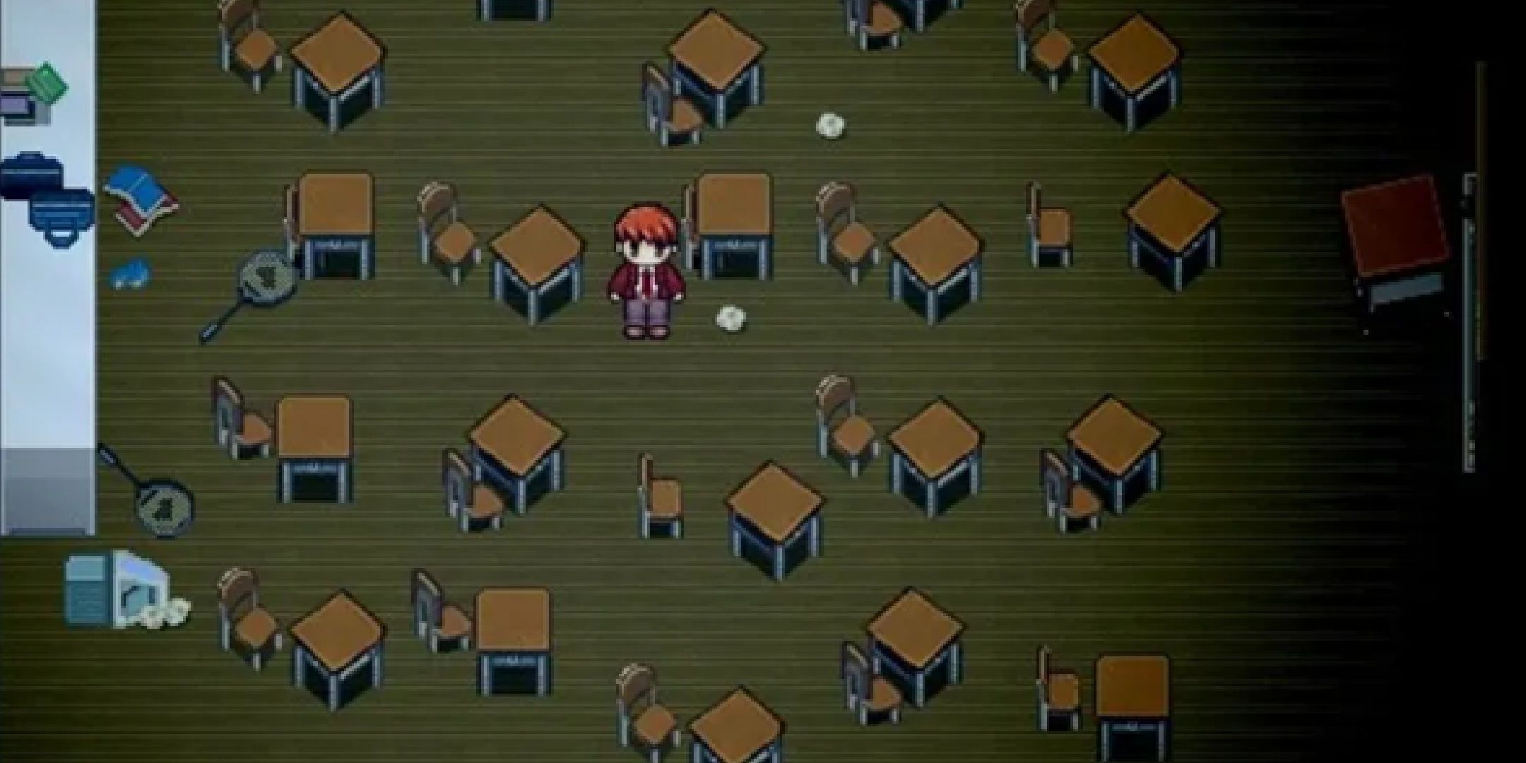 The main characters stands in a disorganized classroom in Misao.