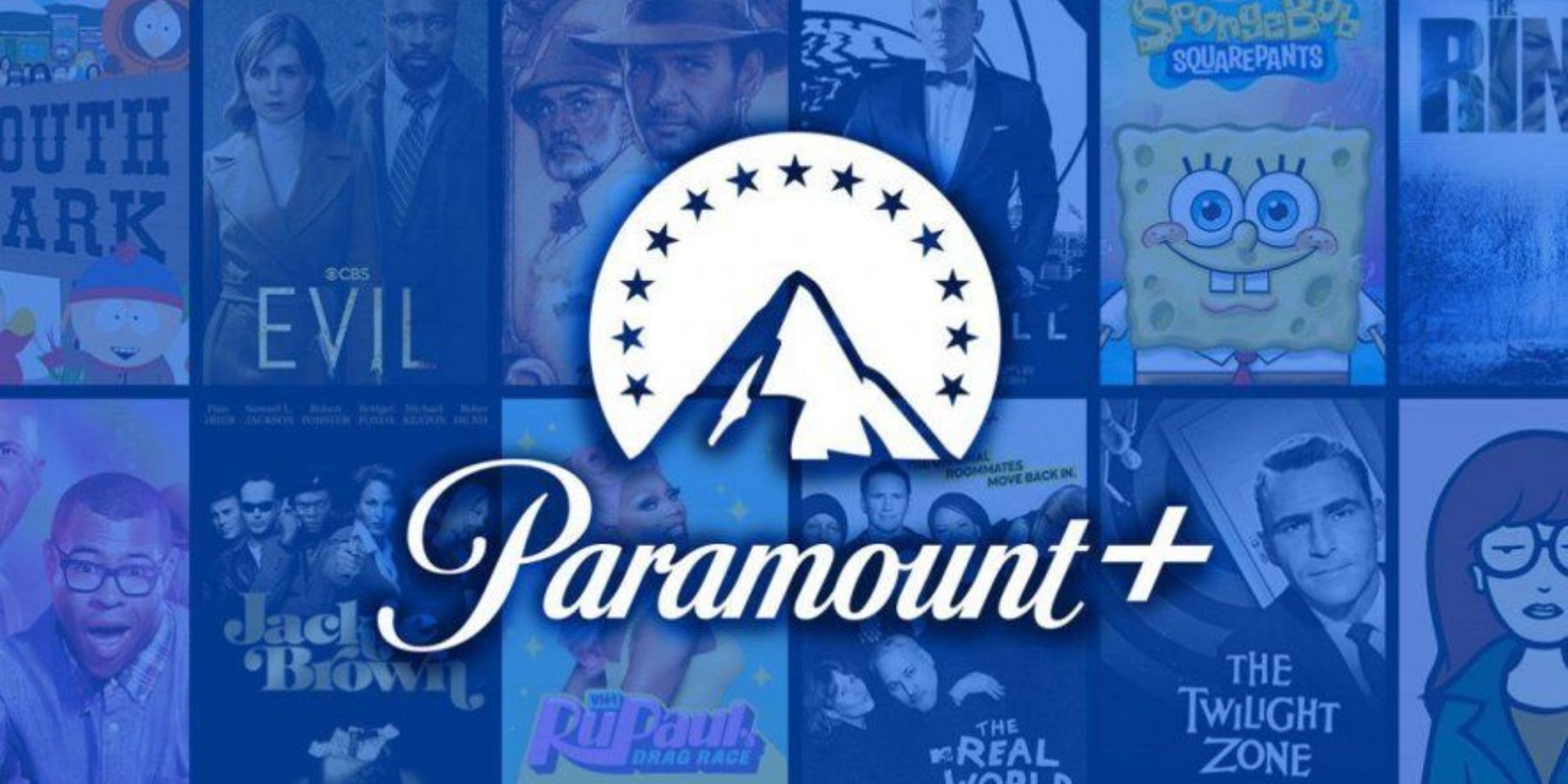 آرم Paramount Plus در مقابل نمایش هایی مانند SpongeBob Squarepants و فیلم هایی مانند ایندیانا جونز شناور است.