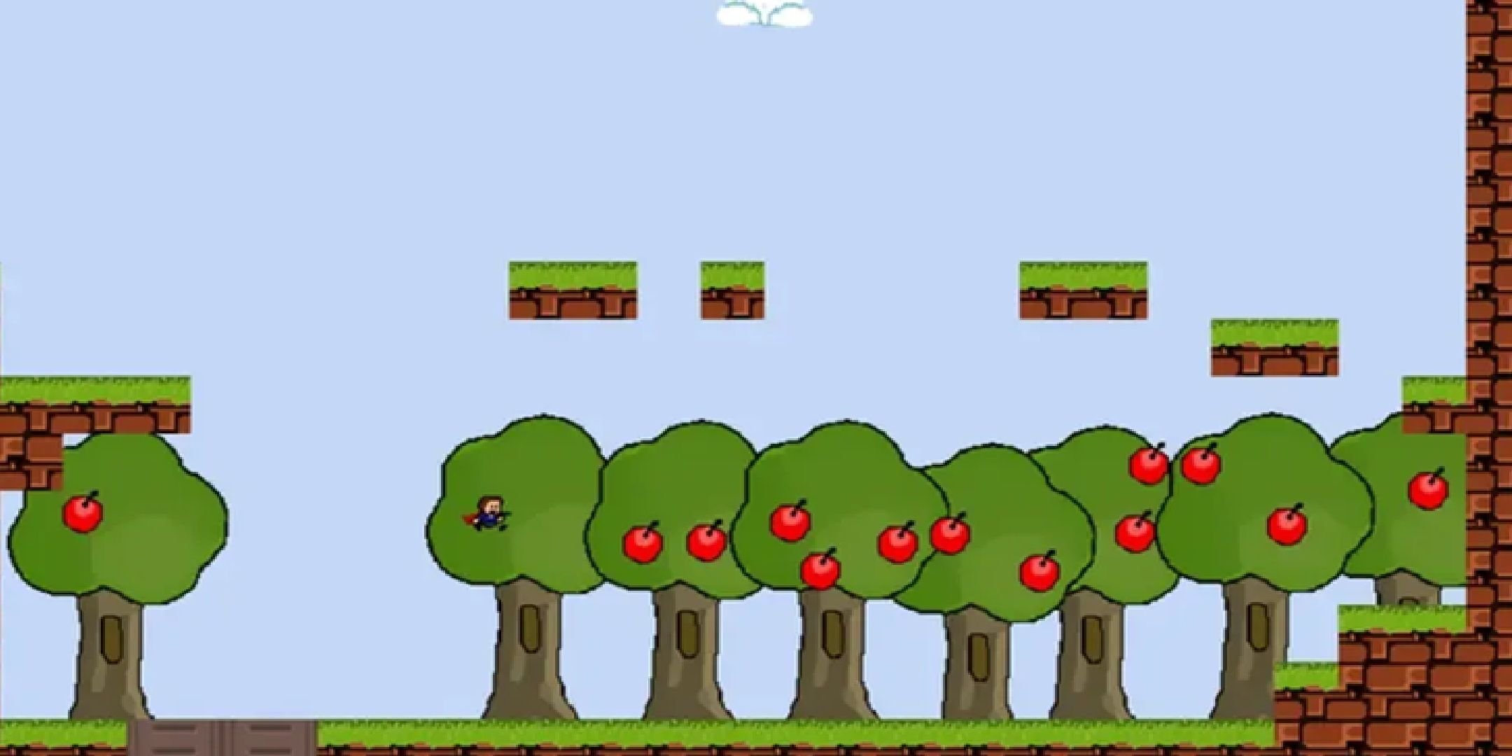 The protagonist jumps across apple trees in I Wanna Be The Guy.
