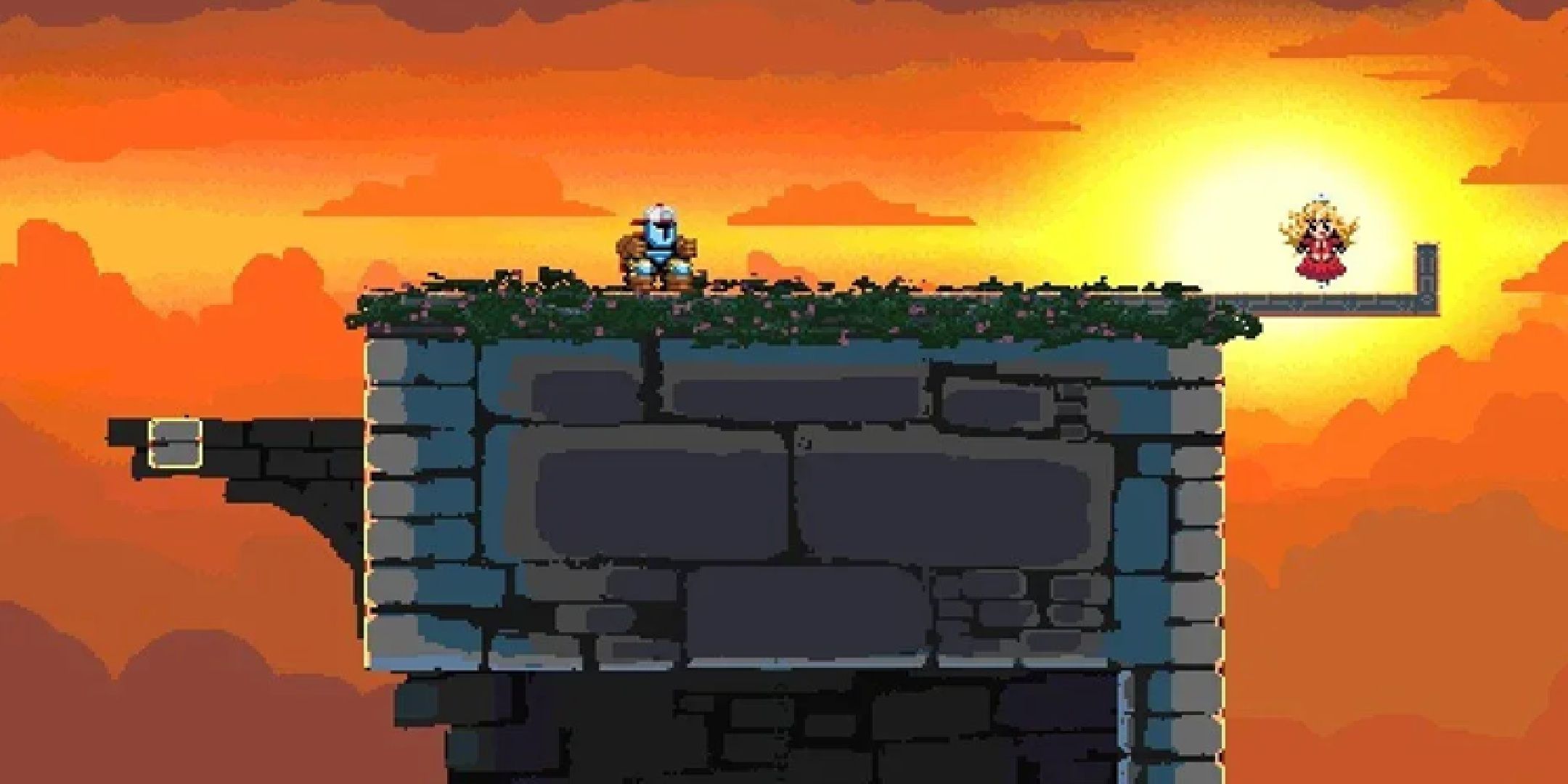 The protagonists stands atop a tower with a princess waiting for him in Jump King.