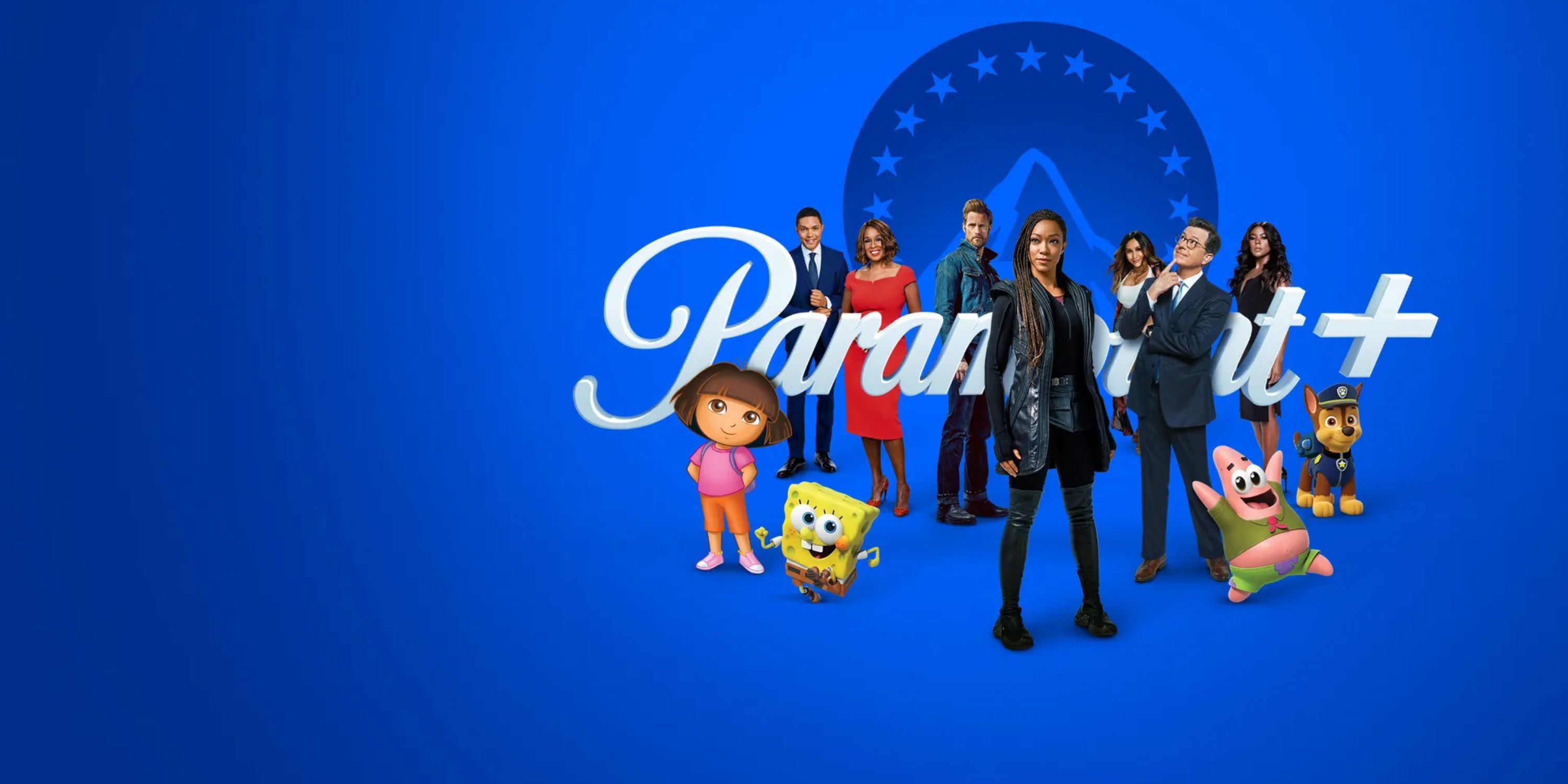 شخصیت های تلویزیونی مانند دورا ، استفان کلبرت و مایکل برنهام در آرم Paramount Plus ایستاده اند.